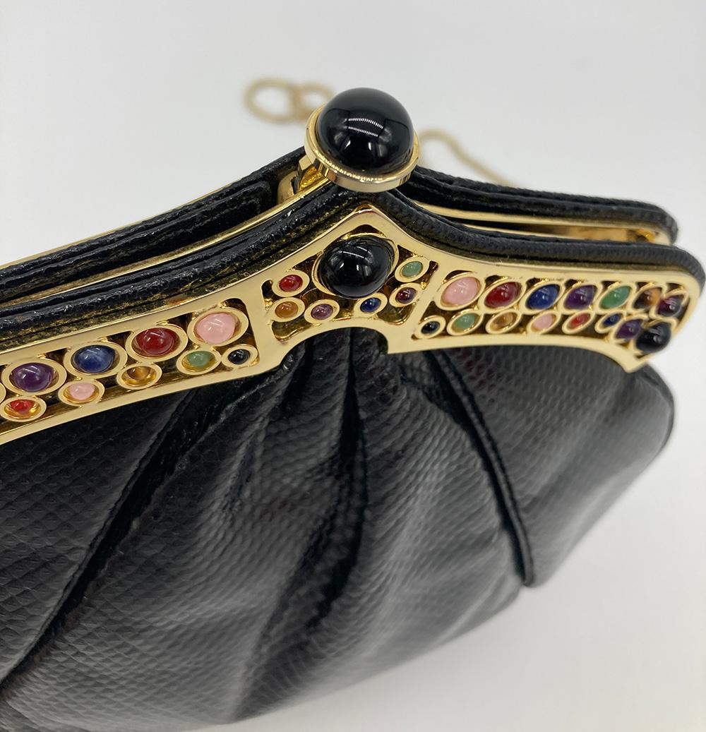 Judith Leiber Black Lizard Gemstone Top Shoulder Bag For Sale 3