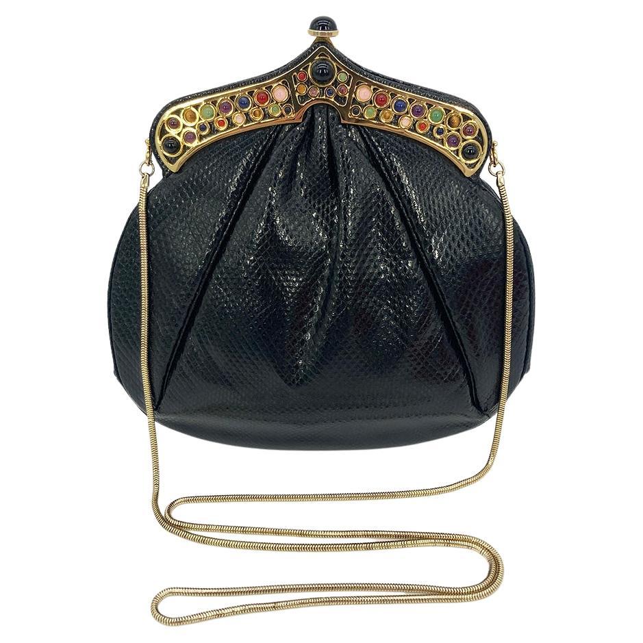 Judith Leiber Black Lizard Gemstone Top Shoulder Bag For Sale