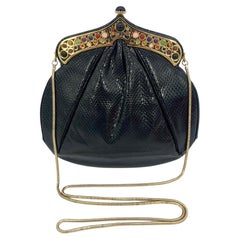 Judith Leiber Black Lizard Gemstone Top Shoulder Bag