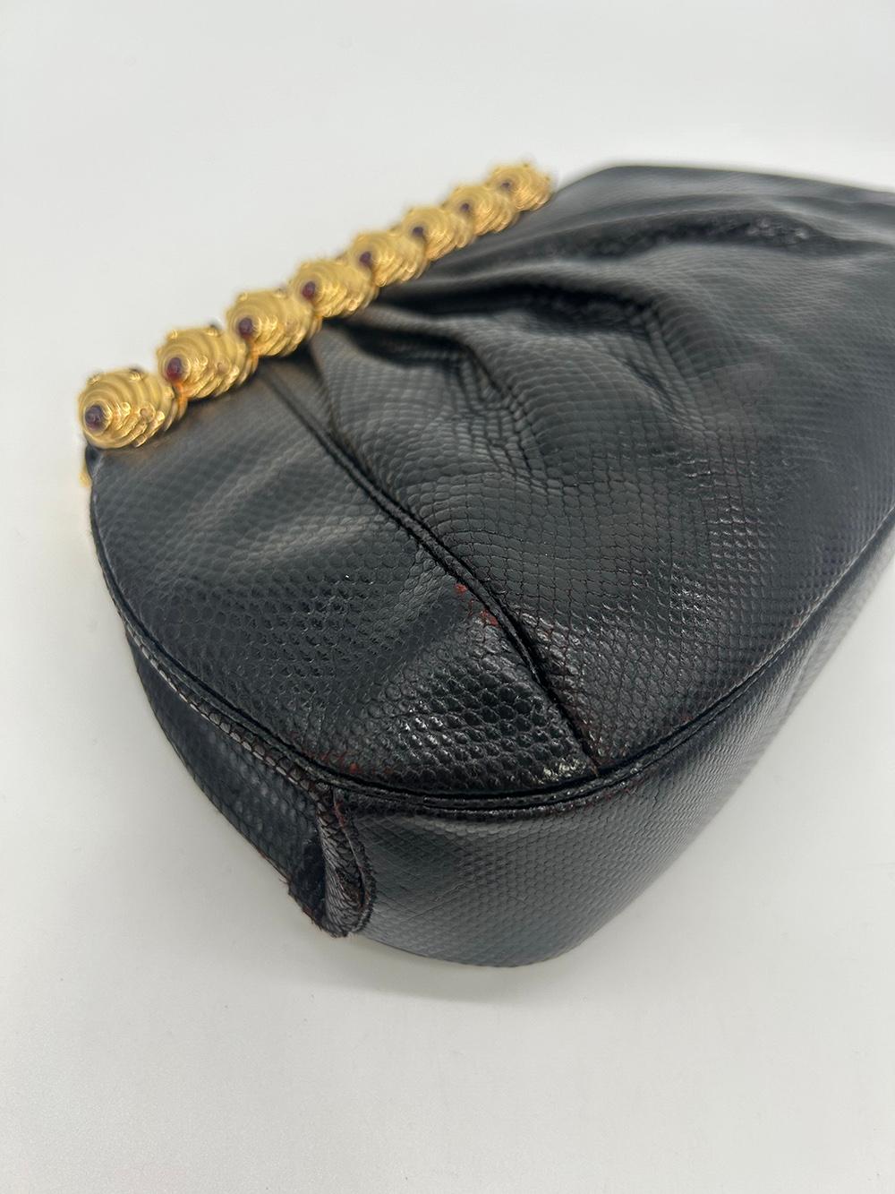 Vintage Judith Leiber Black Lizard Gold Gemstone Top Clutch For Sale 3