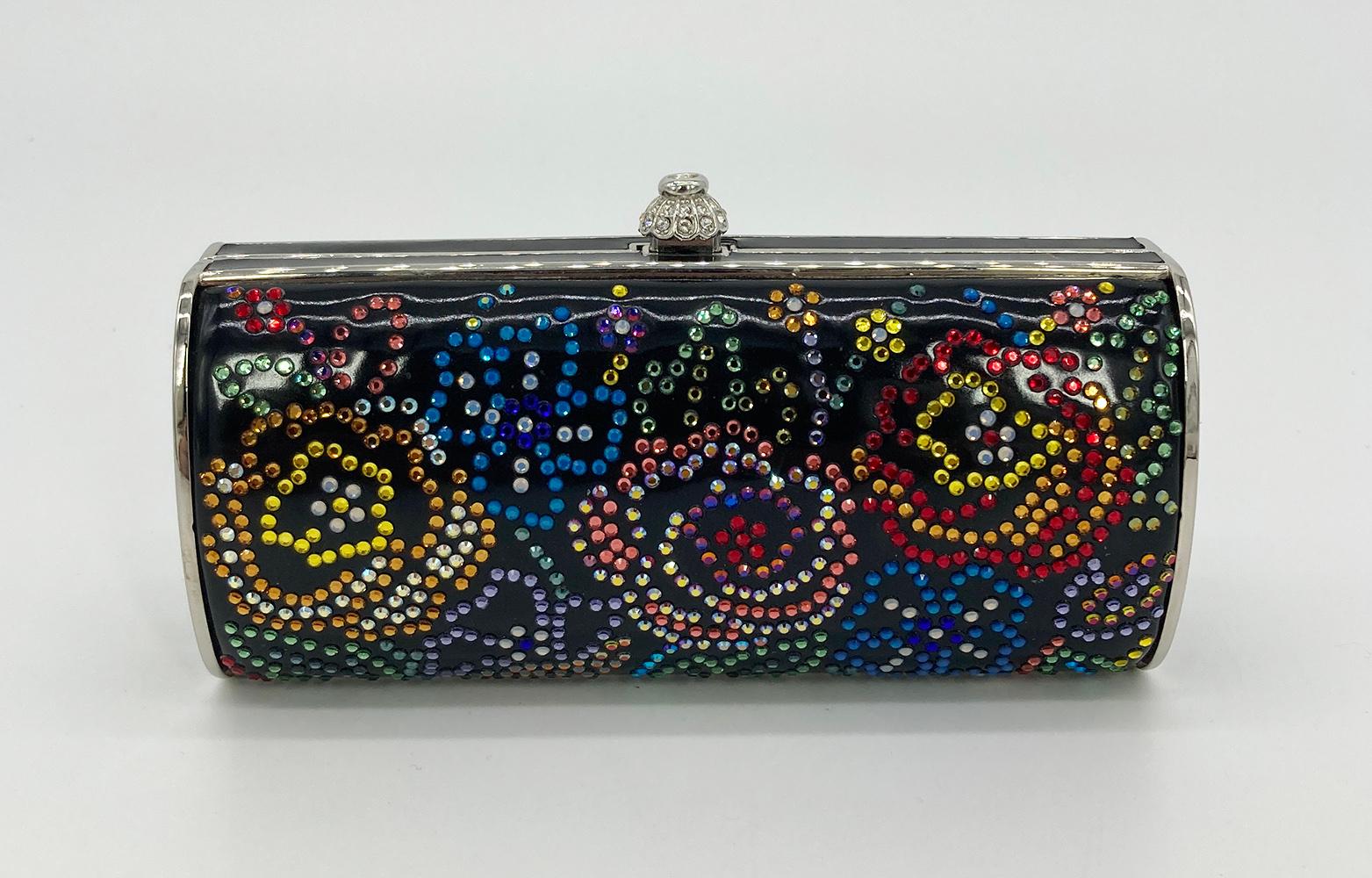 Vintage Judith Leiber Black Patent Leather Swarovski Crystal Floral Minaudiere In Good Condition For Sale In Philadelphia, PA