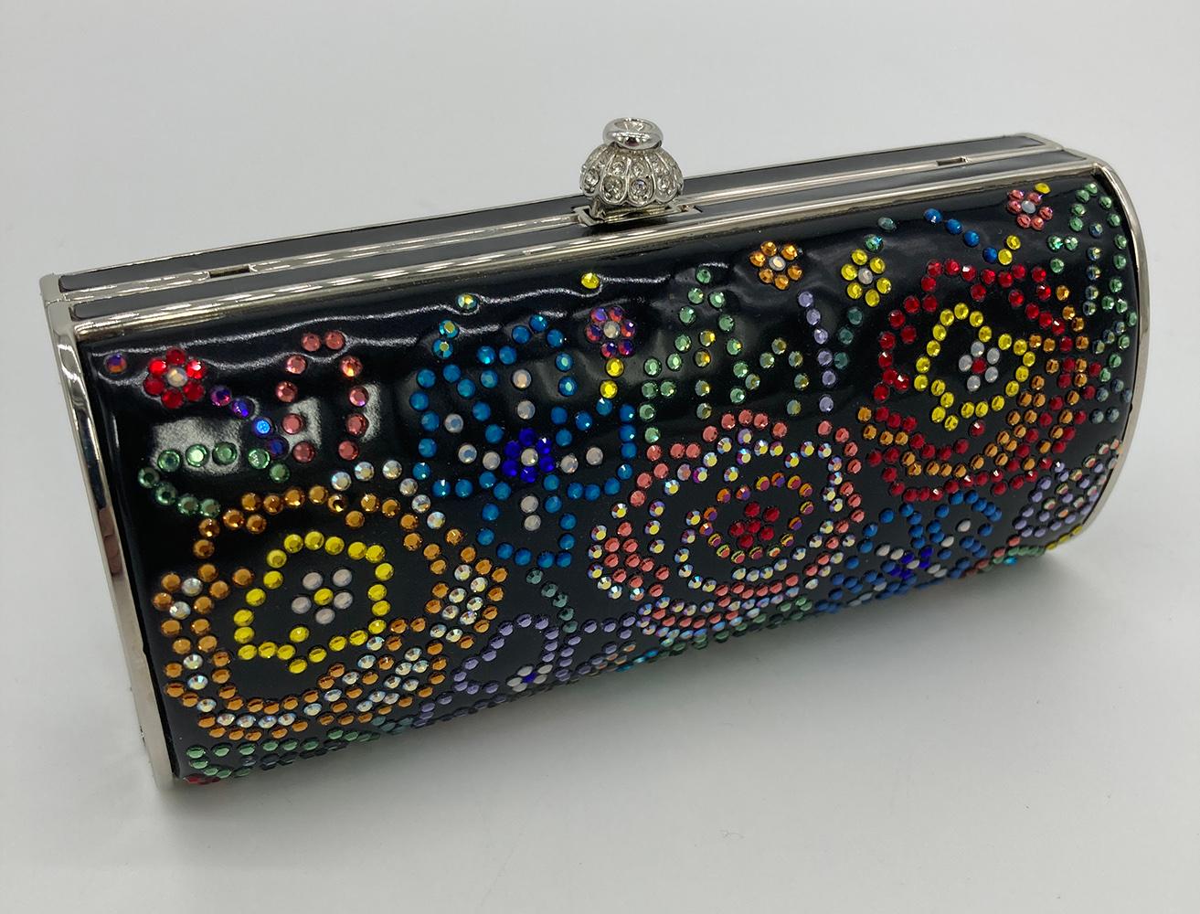 Judith Leiber - Minaudière vintage à fleurs en cuir verni noir et cristal Swarovski en vente 2