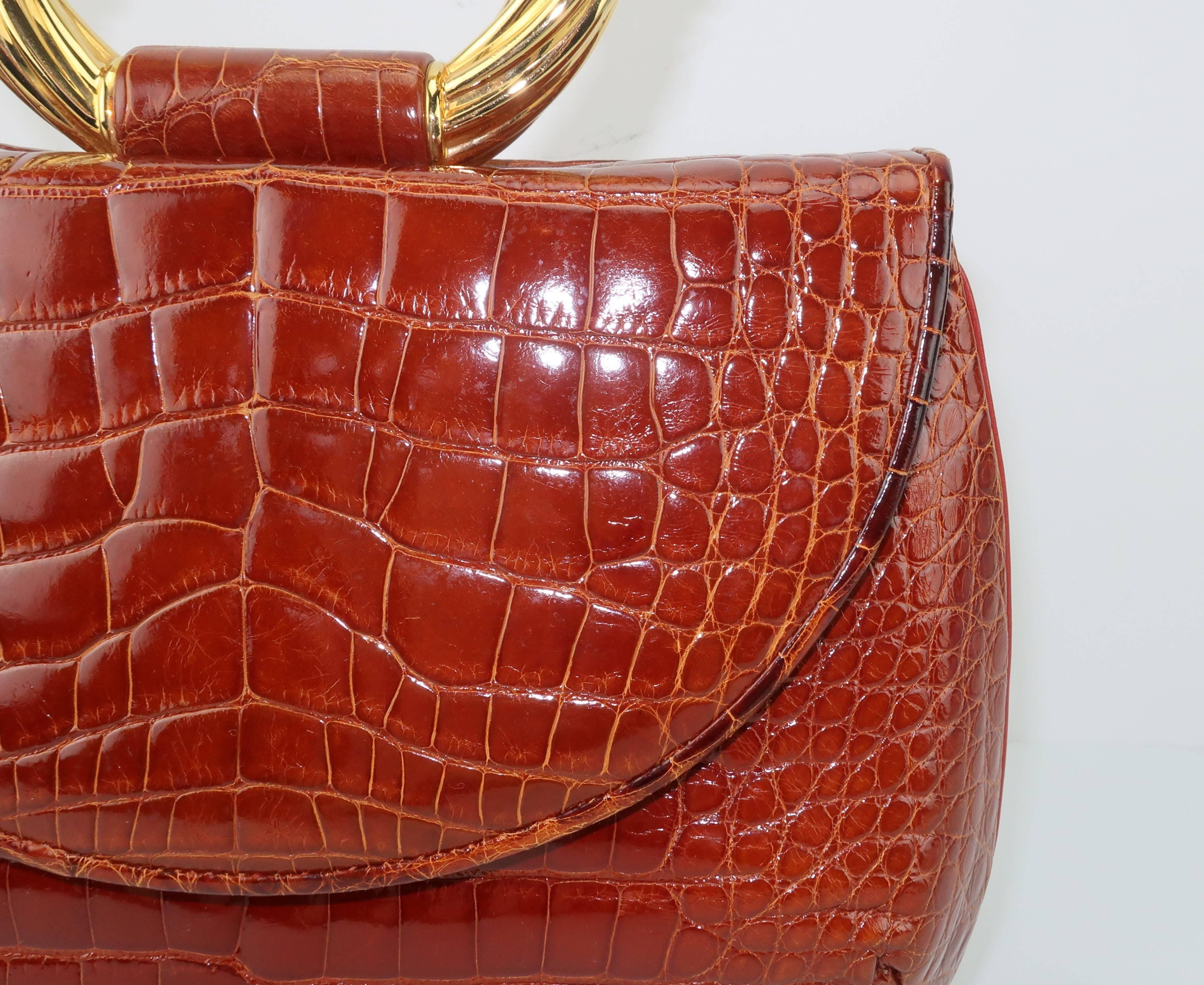Brown Vintage Judith Leiber Cognac Alligator Handbag With Jewelry Style Handle