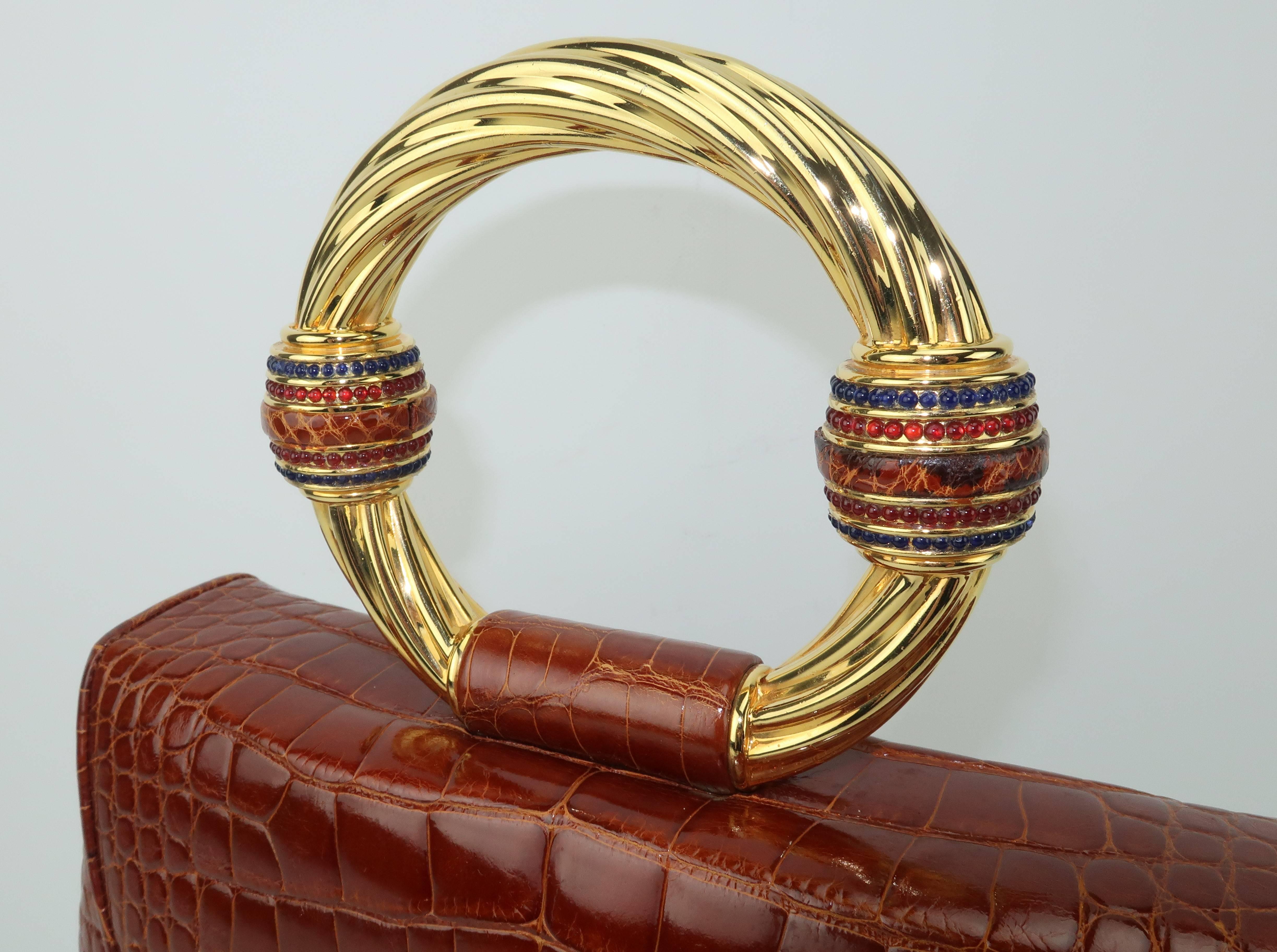 Vintage Judith Leiber Cognac Alligator Handbag With Jewelry Style Handle In Good Condition In Atlanta, GA