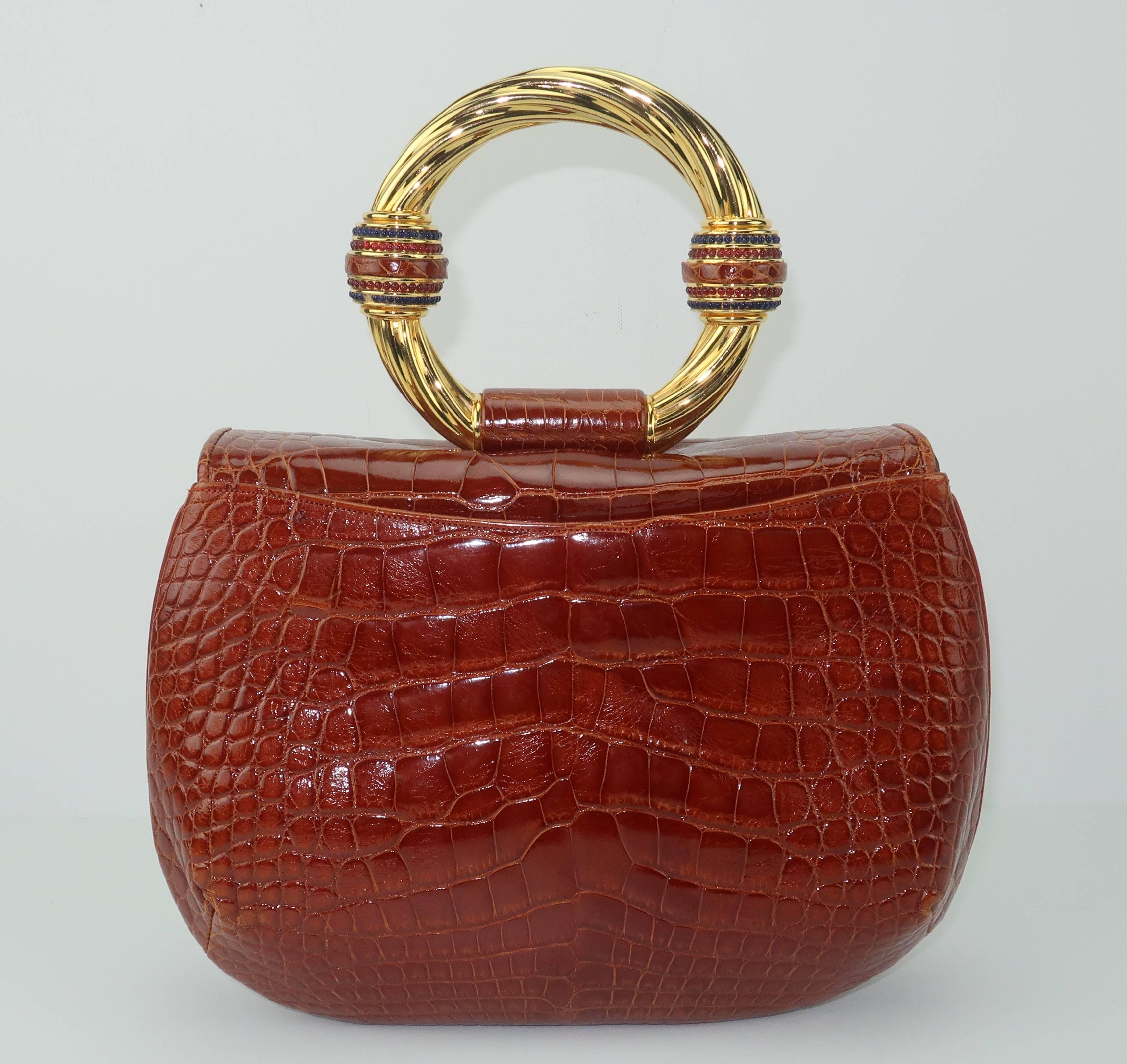 Vintage Judith Leiber Cognac Alligator Handbag With Jewelry Style Handle 1