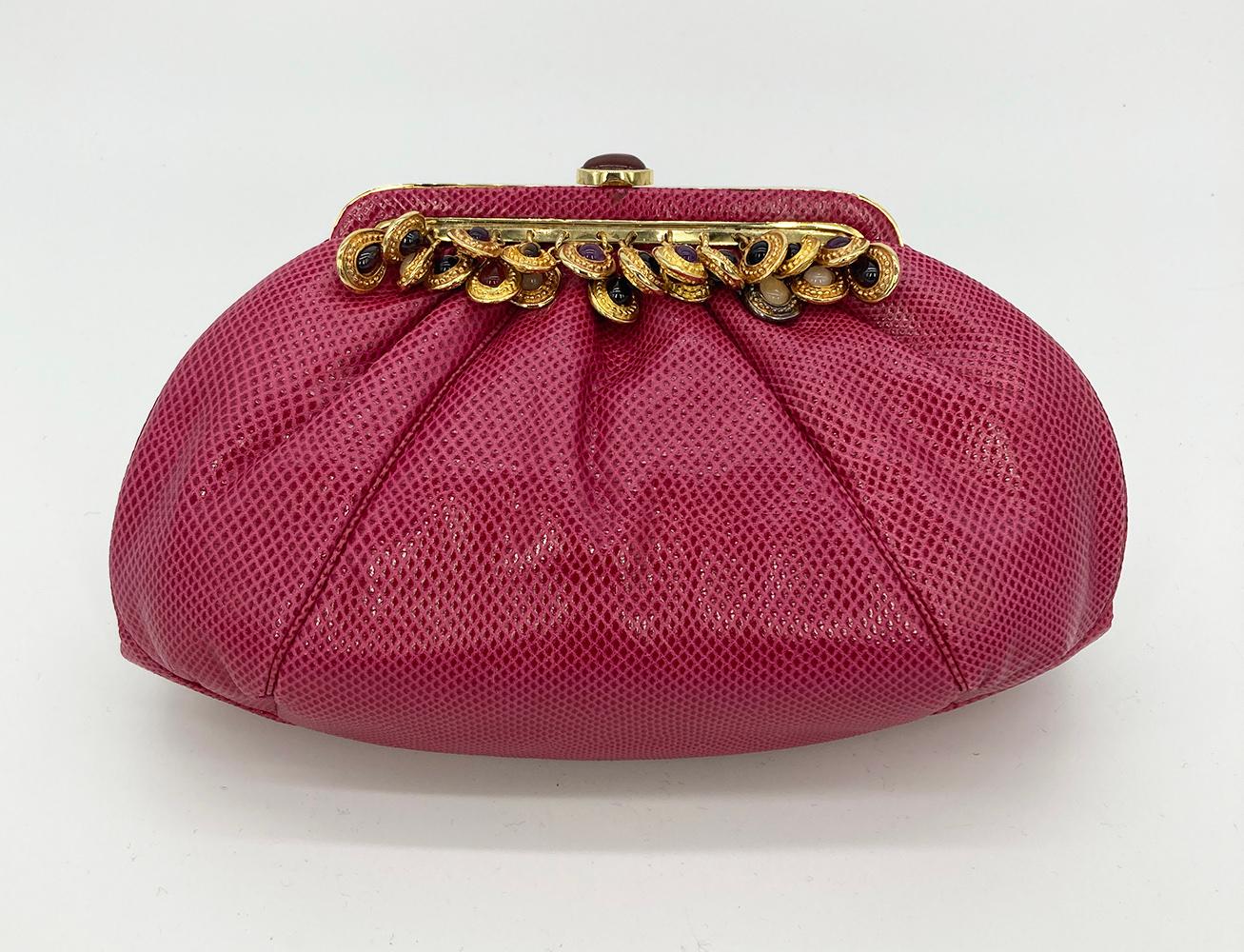 Vintage Judith Leiber Dark Pink Lizard Clutch c1980s.  In Good Condition For Sale In Philadelphia, PA