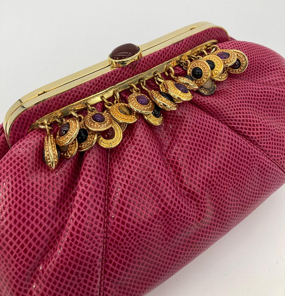 Vintage Judith Leiber Dark Pink Lizard Clutch c1980s. In Good Condition For Sale In Philadelphia, PA
