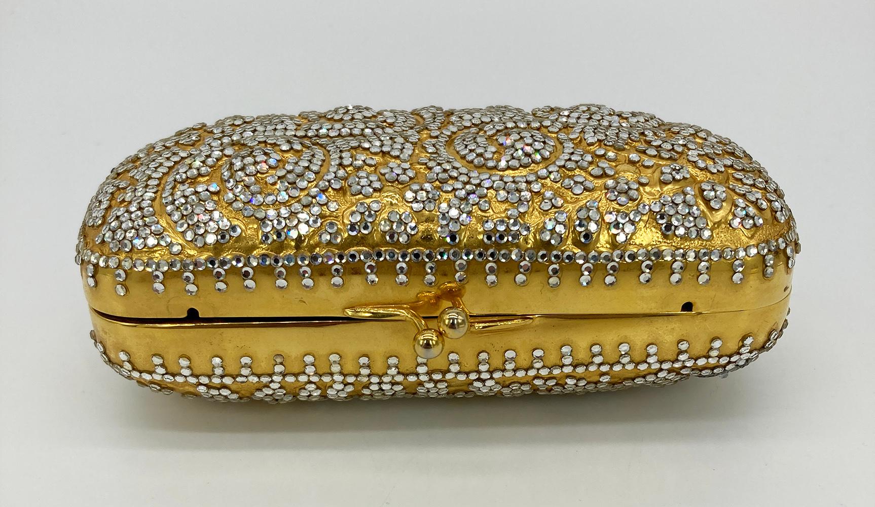 Women's Vintage Judith Leiber Gold Floral Crystal Minaudiere 