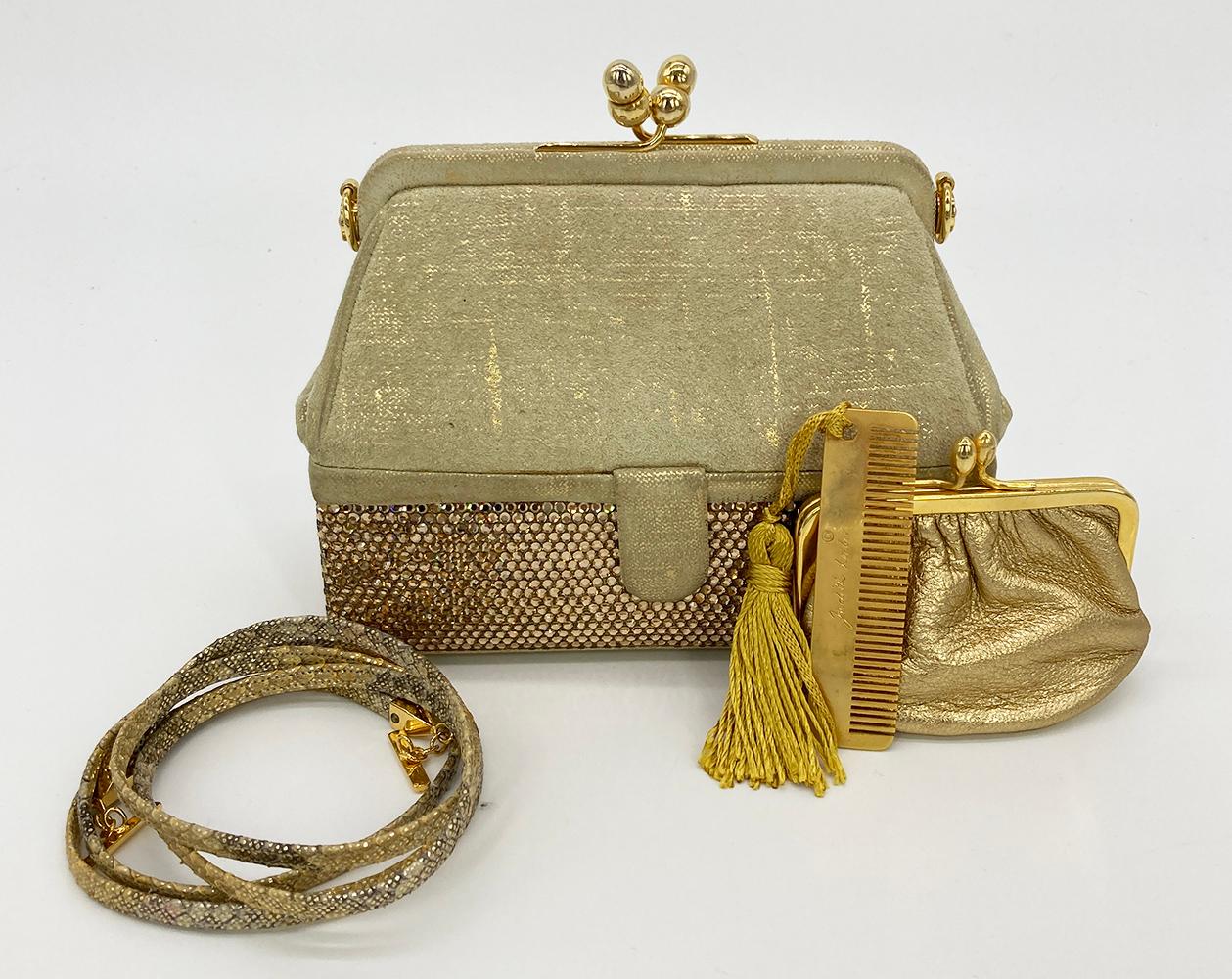 Vintage Judith Leiber Gold Suede and Swarovski Minaudiere For Sale 4