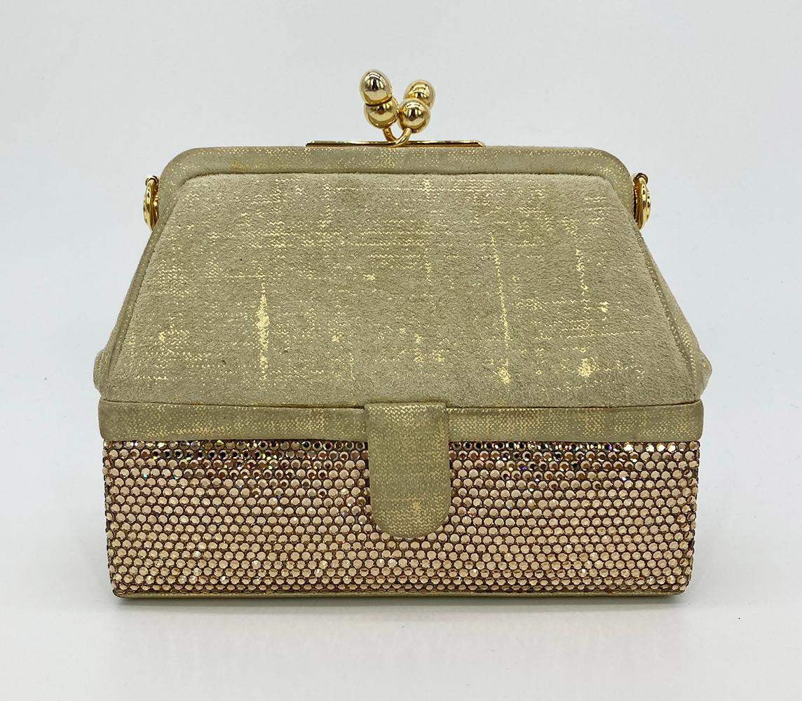 Vintage Judith Leiber Gold Suede and Swarovski Minaudiere In Excellent Condition For Sale In Philadelphia, PA