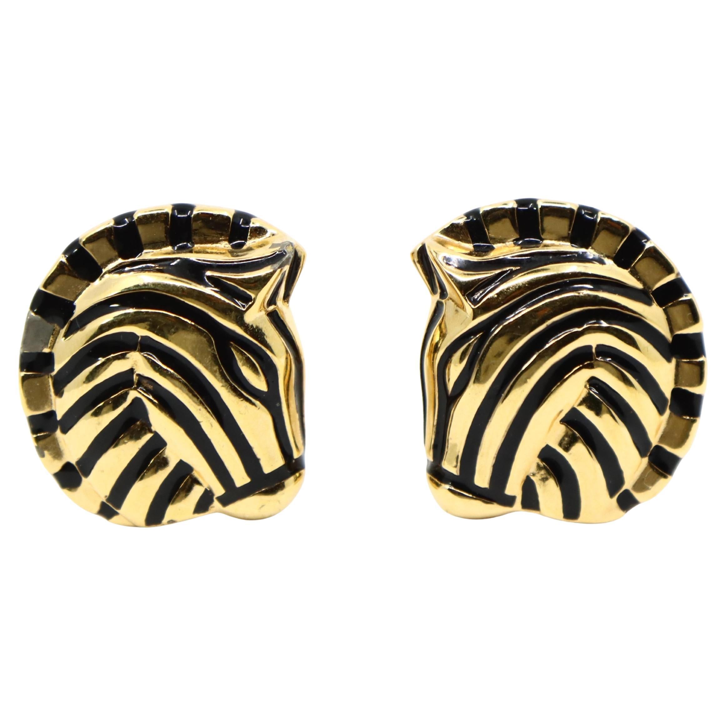 Vintage Judith Leiber Gold Tone Enamel Zebra Earrings