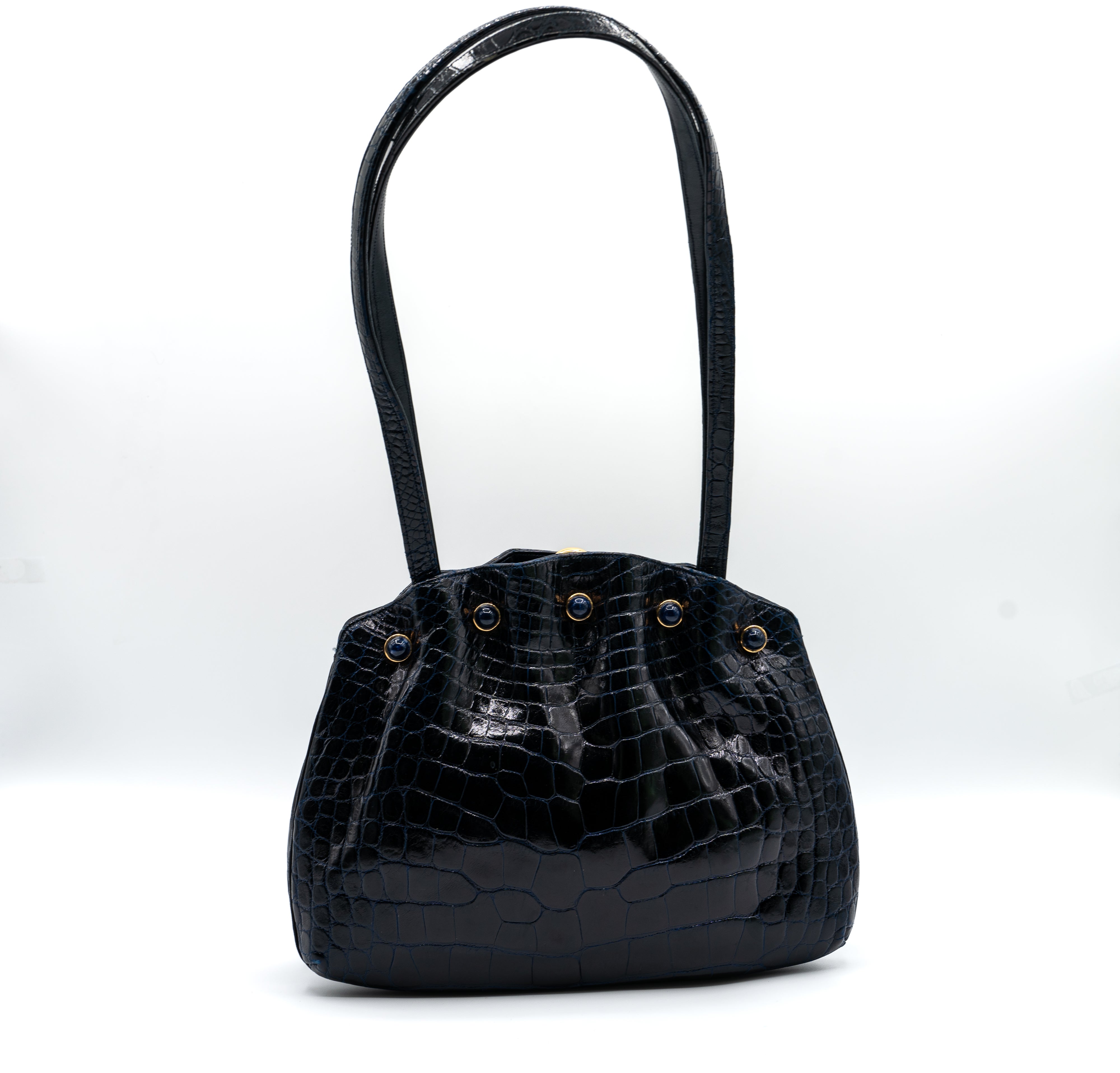Vintage Judith Leiber Midnight Blue Alligator & Lapis Lazuli Bag In Excellent Condition For Sale In Boca Raton, FL