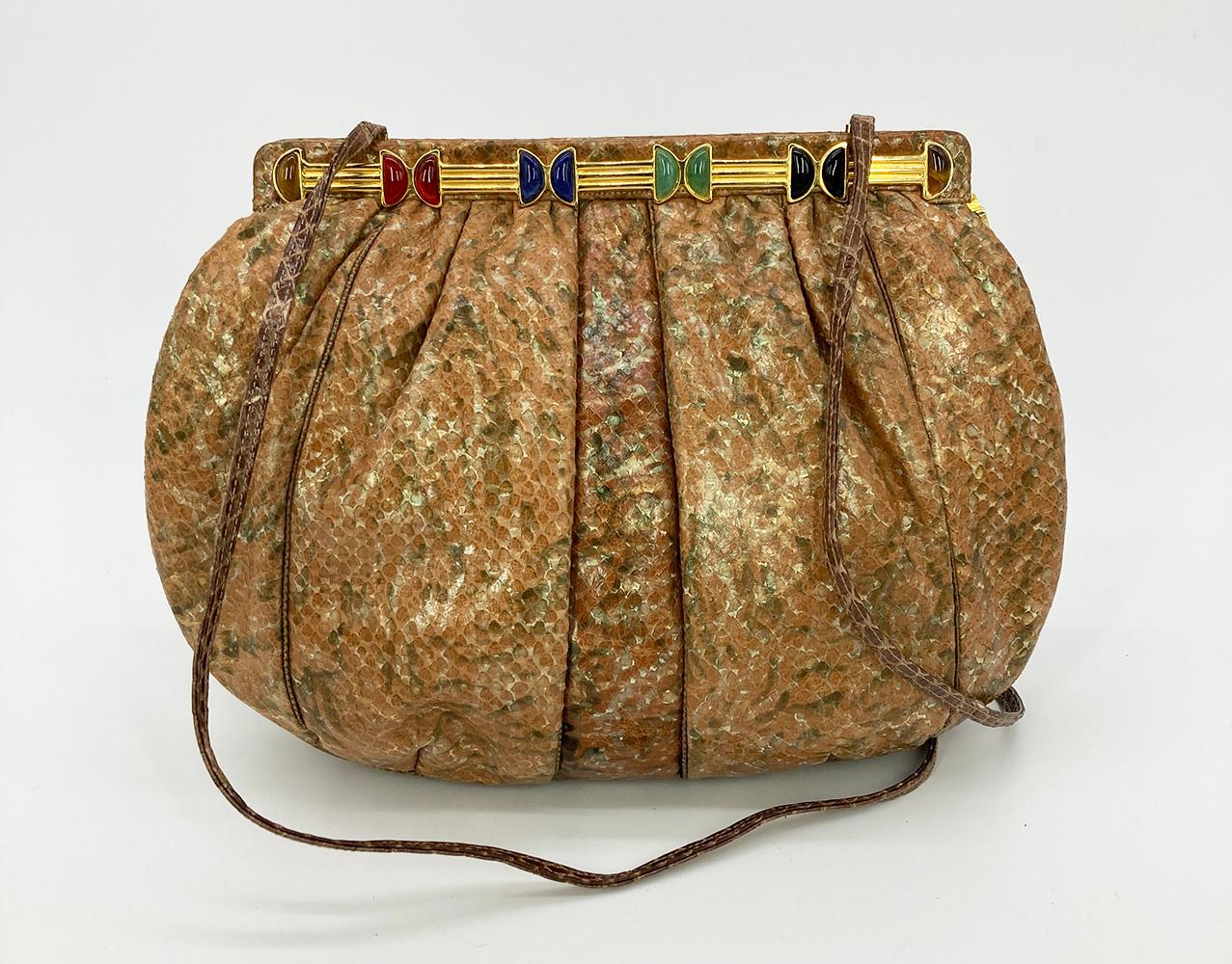 Vintage Judith Leiber Natural Tan and Brown Snakeskin Clutch  For Sale 5