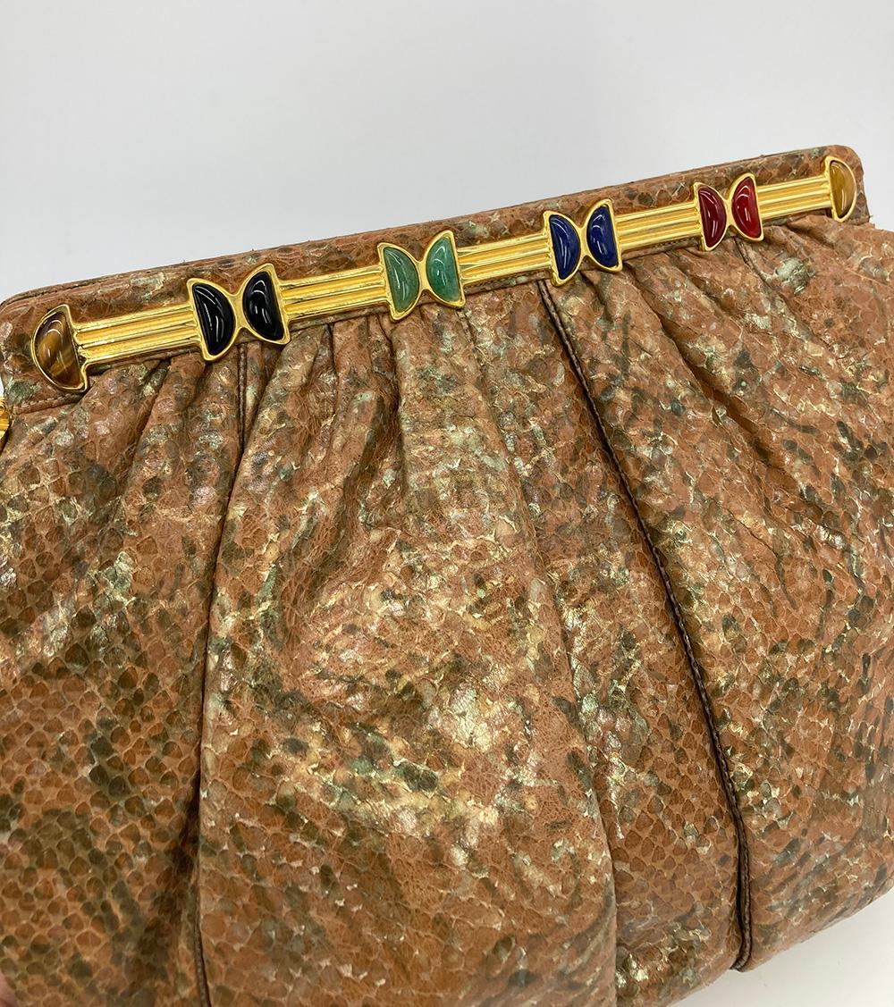 Women's Vintage Judith Leiber Natural Tan and Brown Snakeskin Clutch For Sale