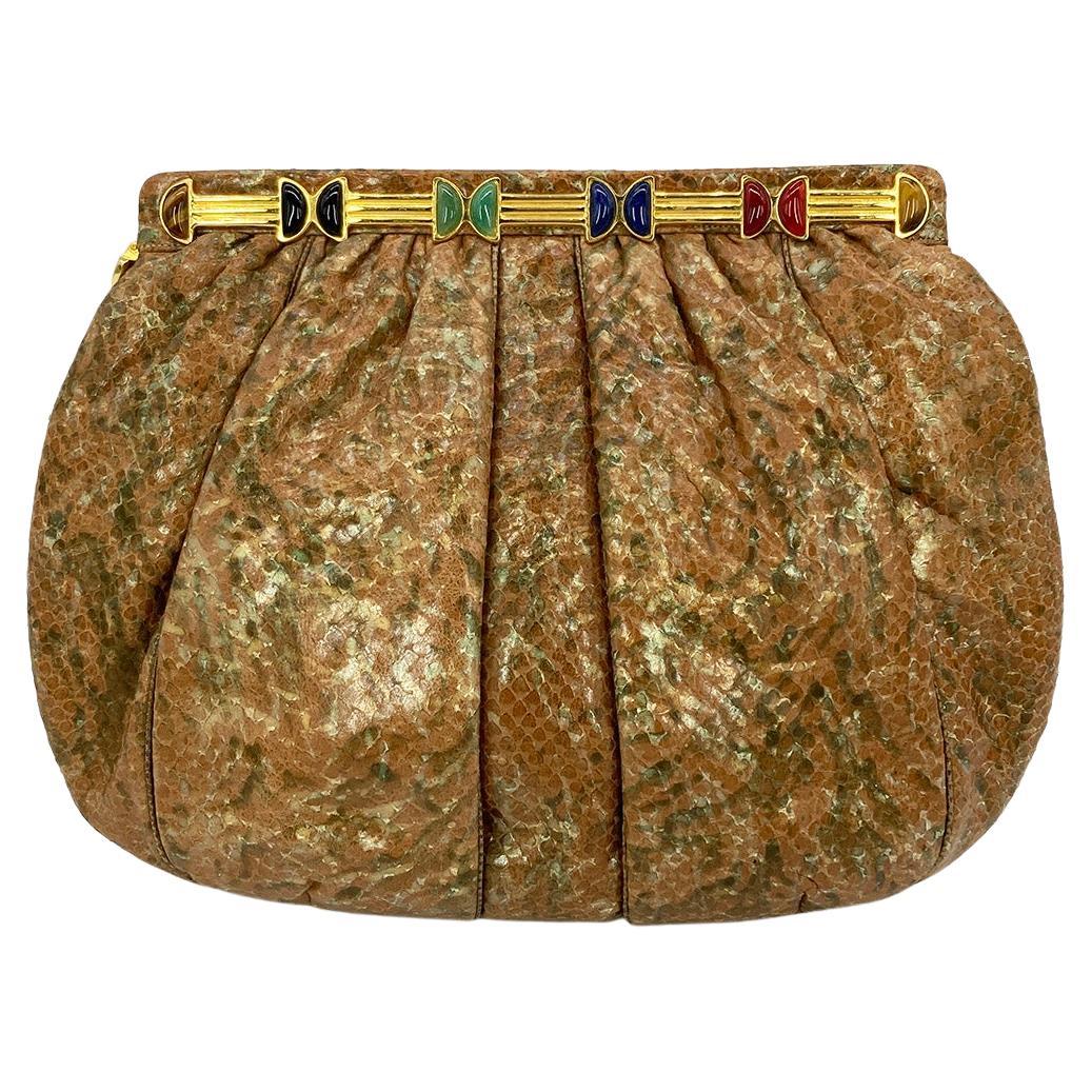 Vintage Judith Leiber Natural Tan and Brown Snakeskin Clutch  For Sale