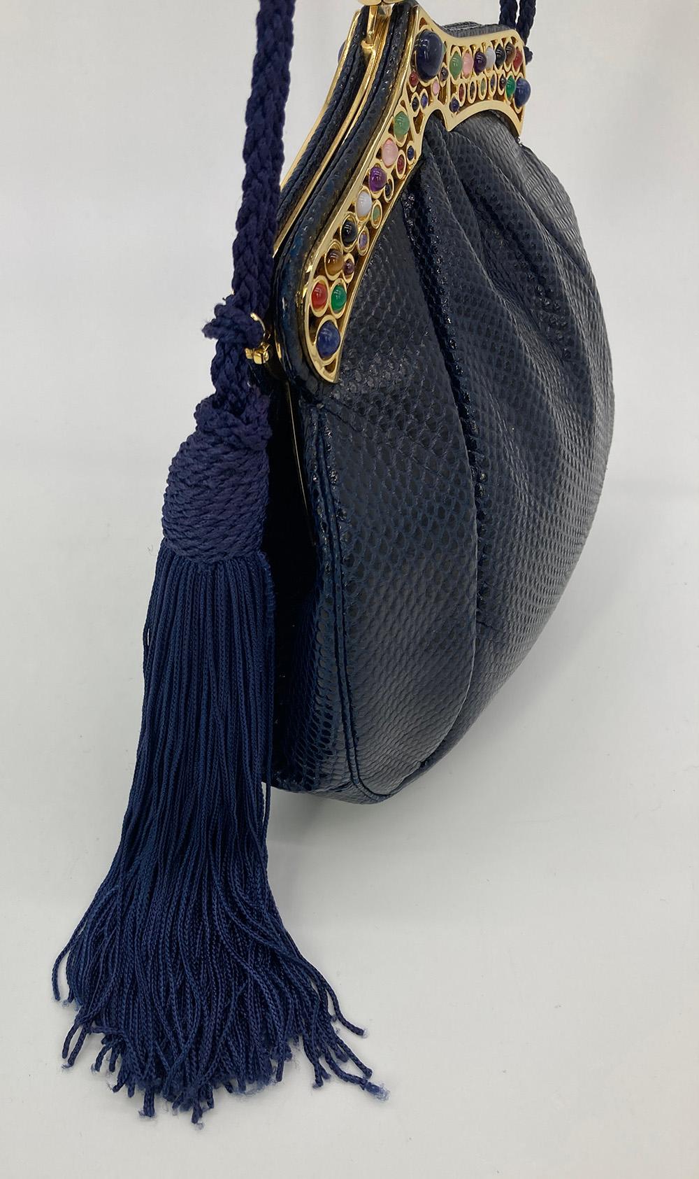 Judith Leiber Navy Lizard Gemstone Top Shoulder Bag In Excellent Condition In Philadelphia, PA