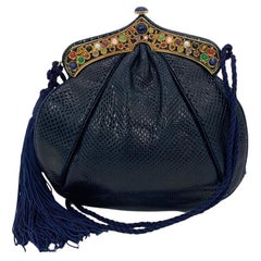 Judith Leiber Navy Lizard Gemstone Top Shoulder Bag