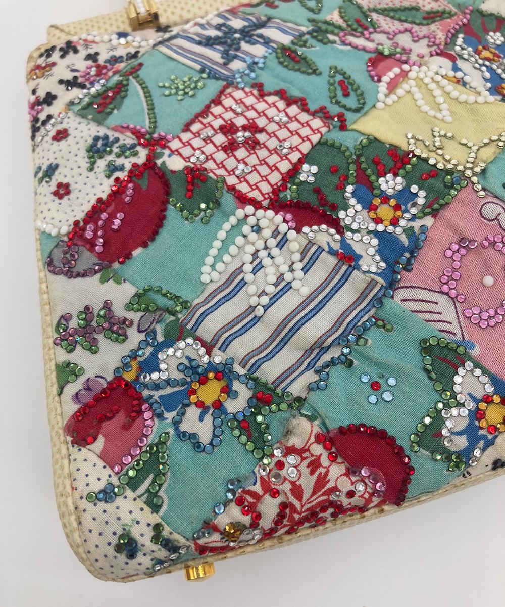Vintage Judith Leiber Patchwork Quilt Cotton Swarovski Crystal Clutch For Sale 6
