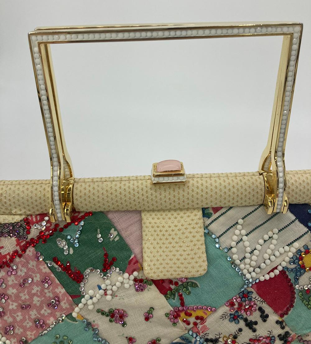 Vintage Judith Leiber Patchwork Quilt Cotton Swarovski Crystal Clutch For Sale 11