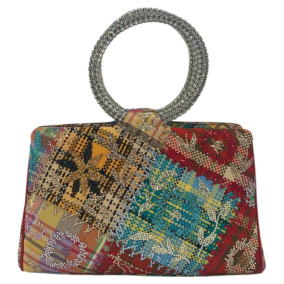 Vintage Judith Leiber Plaid Fabric Swarovski Crystal Round Rhinestone  Handle Bag For Sale at 1stDibs