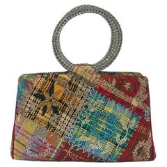 Vintage Judith Leiber Plaid Fabric Swarovski Crystal Round Rhinestone Handle Bag