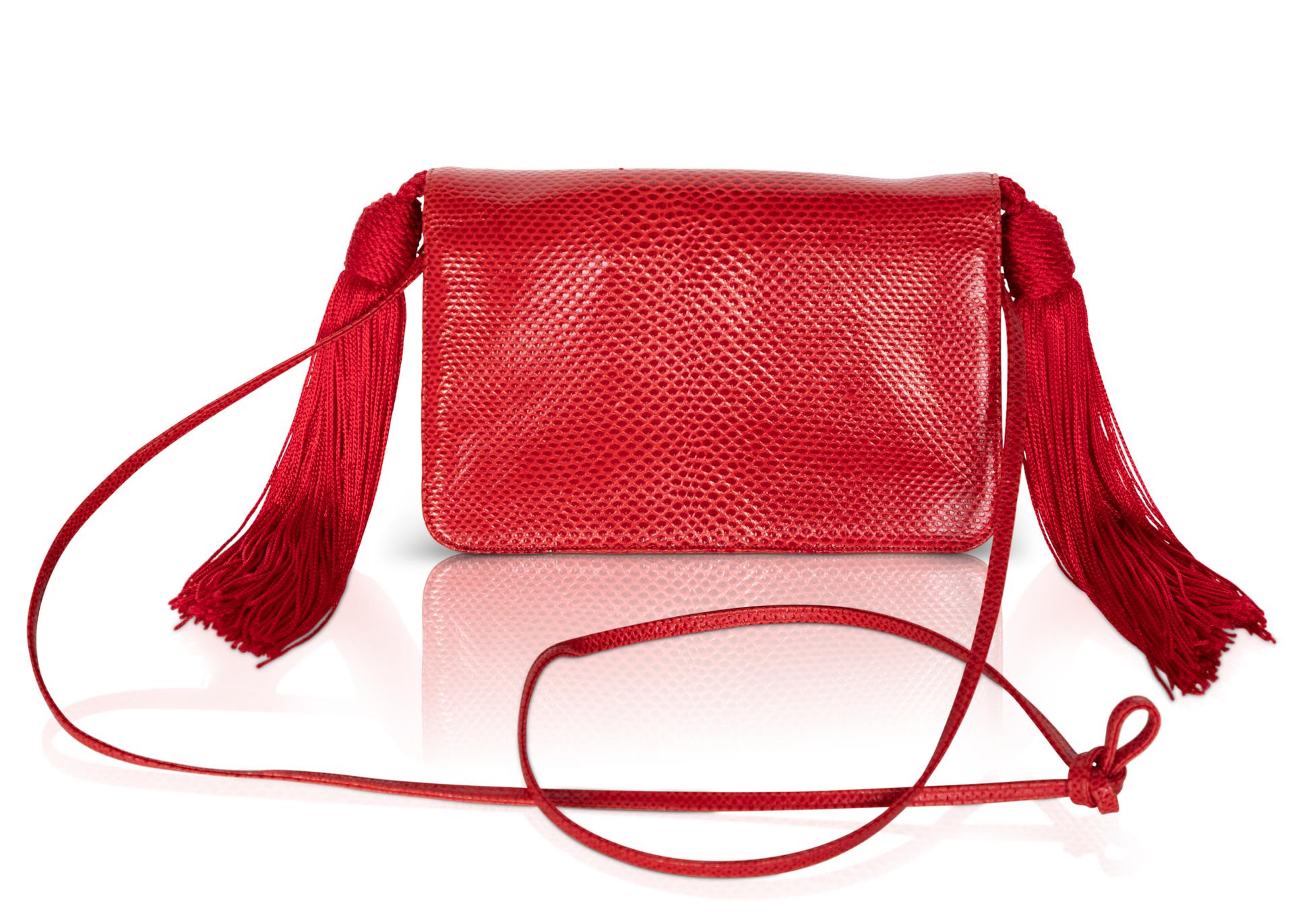 Vintage Judith Leiber Red Karung Tassel Bag In Excellent Condition In Boca Raton, FL