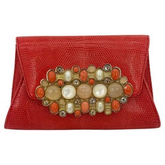 Vintage Judith Leiber Pochette en lézard rouge avec pierres précieuses sur le devant