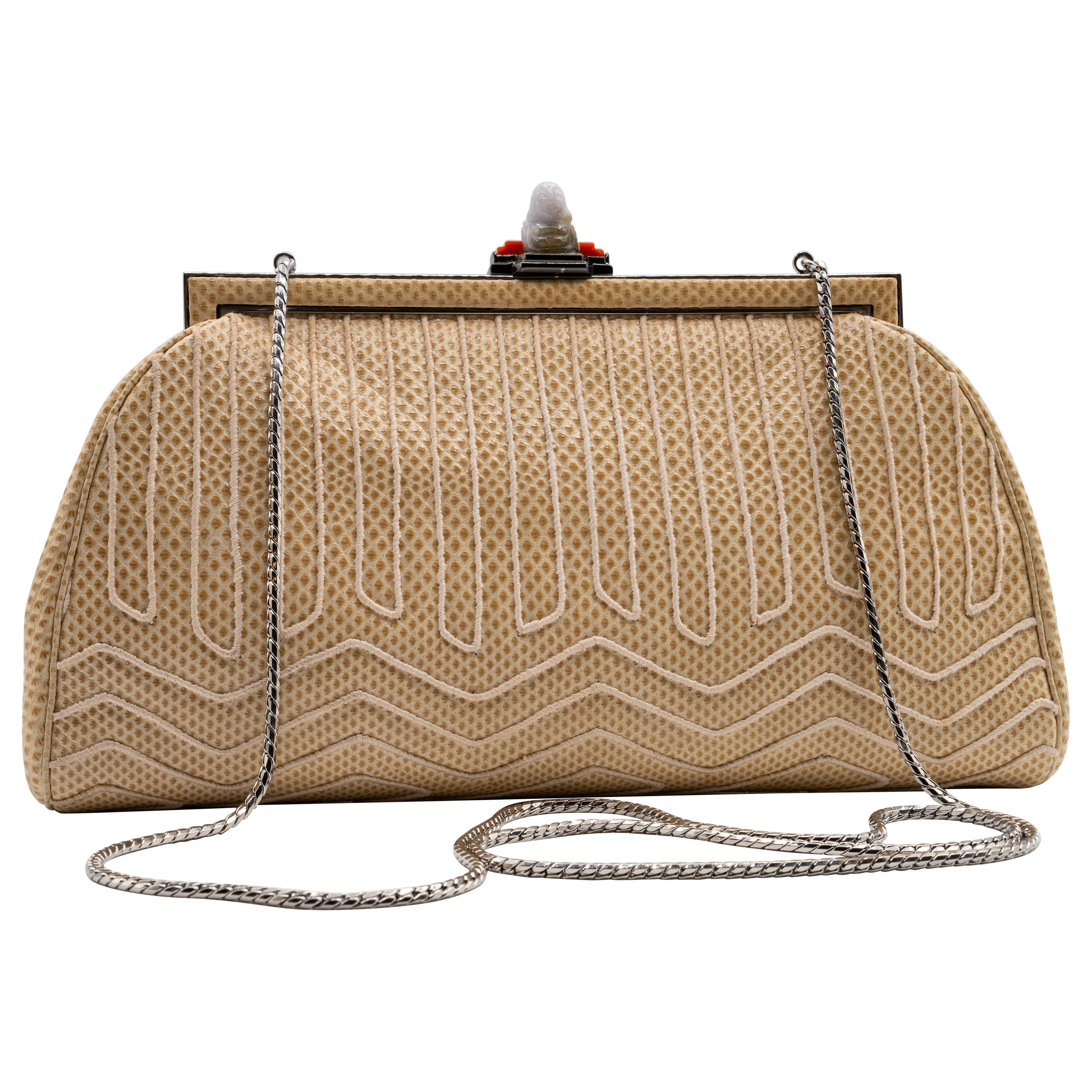 Bolso Vintage Judith Leiber de piel de reptil con cierre de Buda de Jade, años 80 en venta