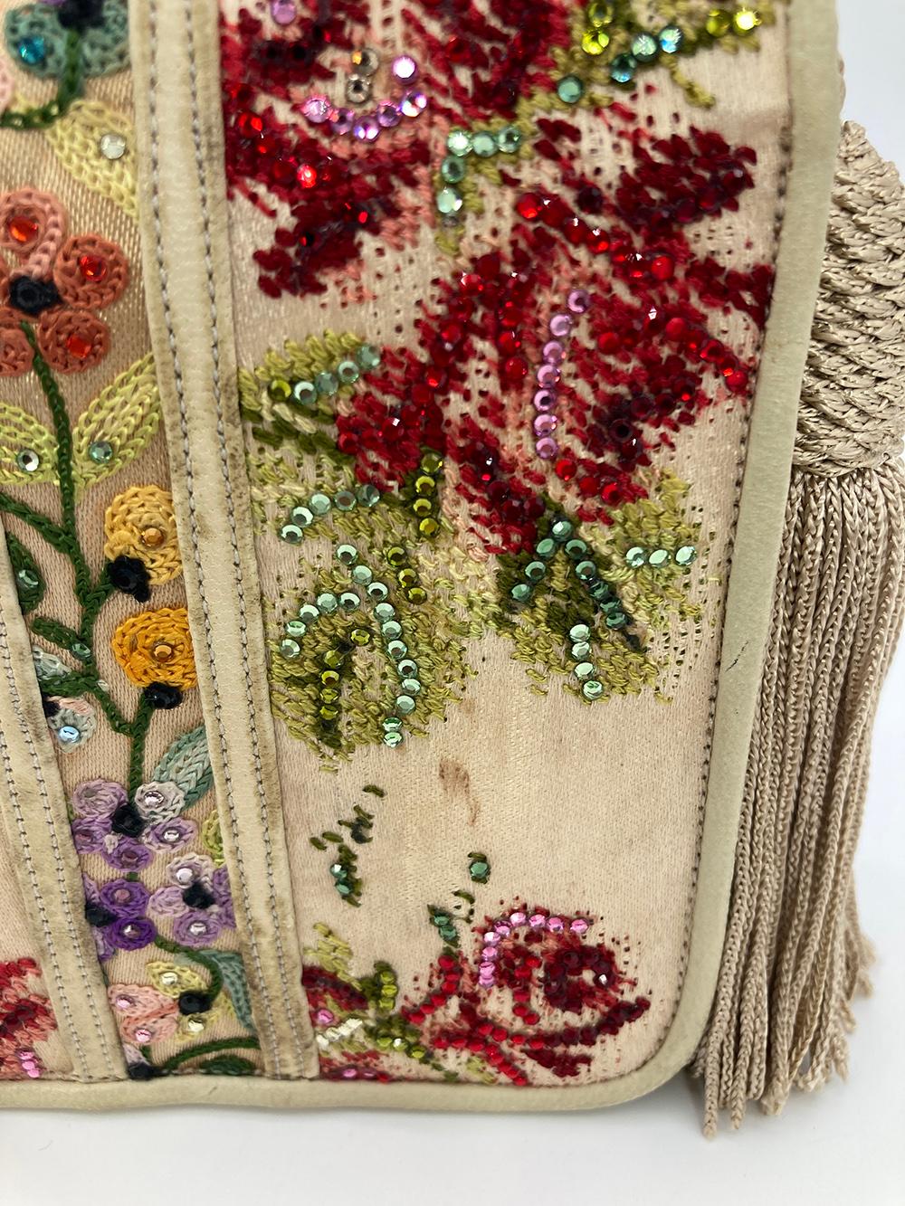 Vintage Judith Leiber Silk Floral Crystal Embroidered Tassel Clutch For Sale 3