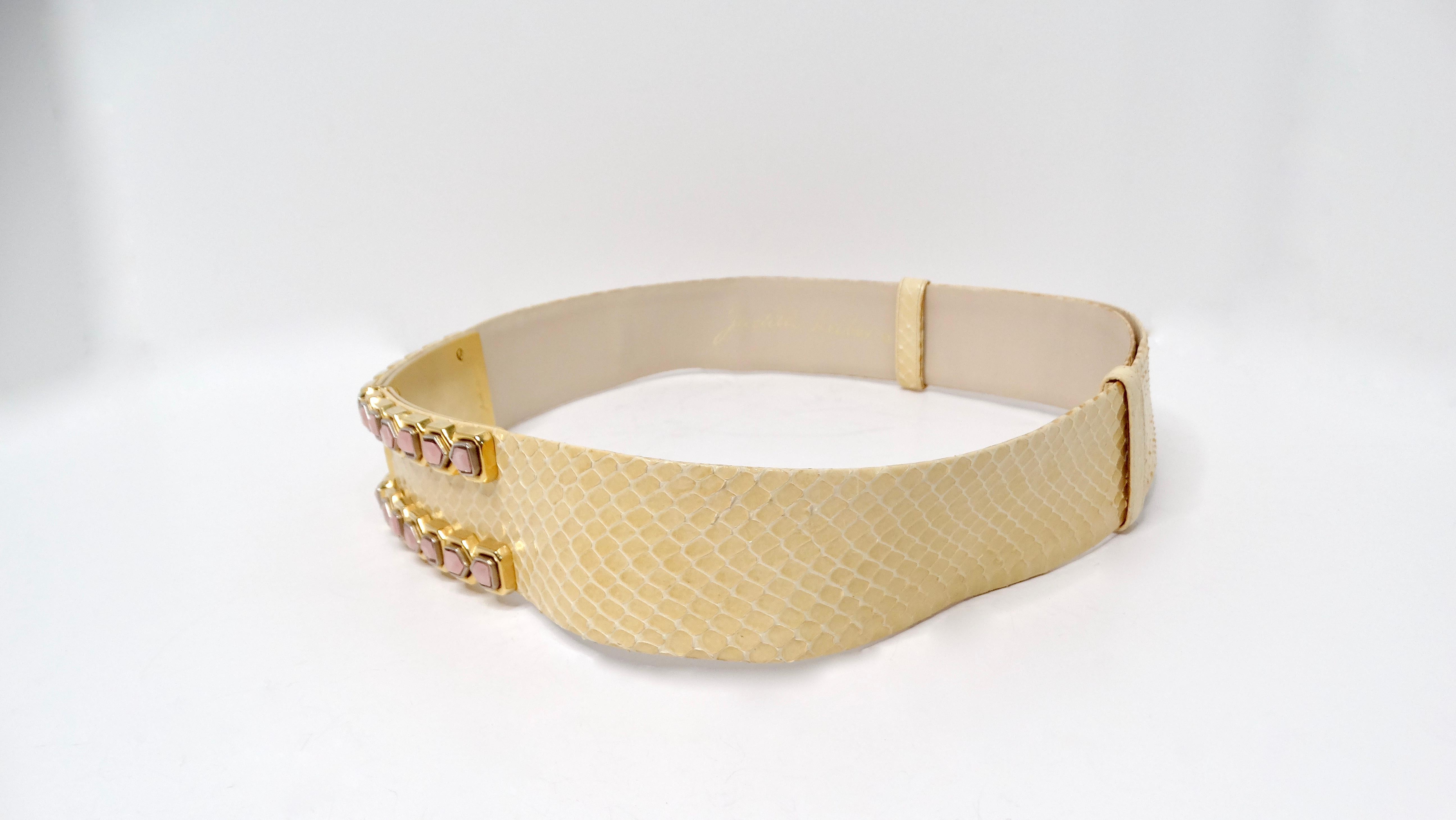 Beige Judith Leiber ceinture vintage en peau de serpent avec ornements en strass rose en vente
