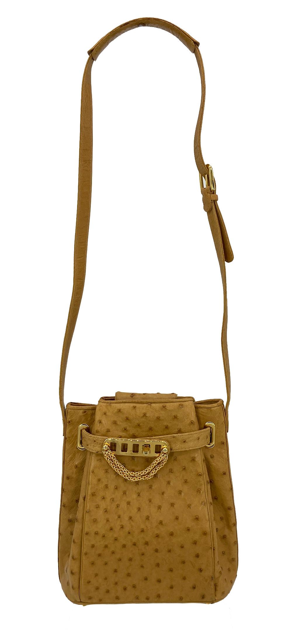 Vintage Judith Leiber Tan Ostrich Kelly Lock Shoulder Bag For Sale 8