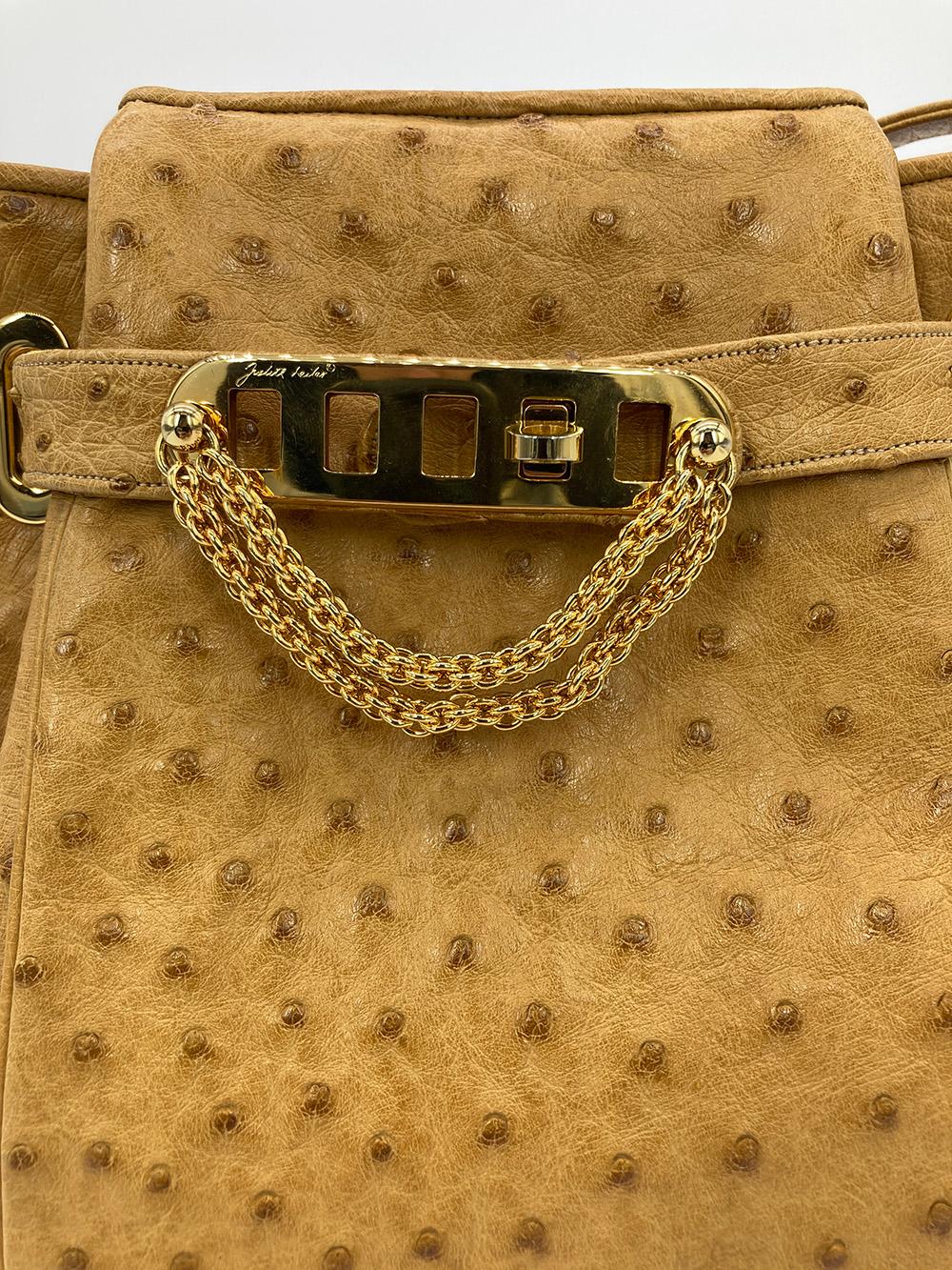 Vintage Judith Leiber Tan Ostrich Kelly Lock Shoulder Bag For Sale 2