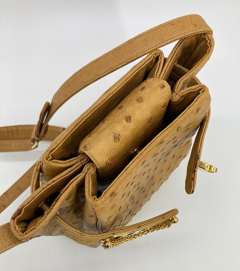 Vintage Judith Leiber Tan Ostrich Kelly Lock Shoulder Bag For Sale 4
