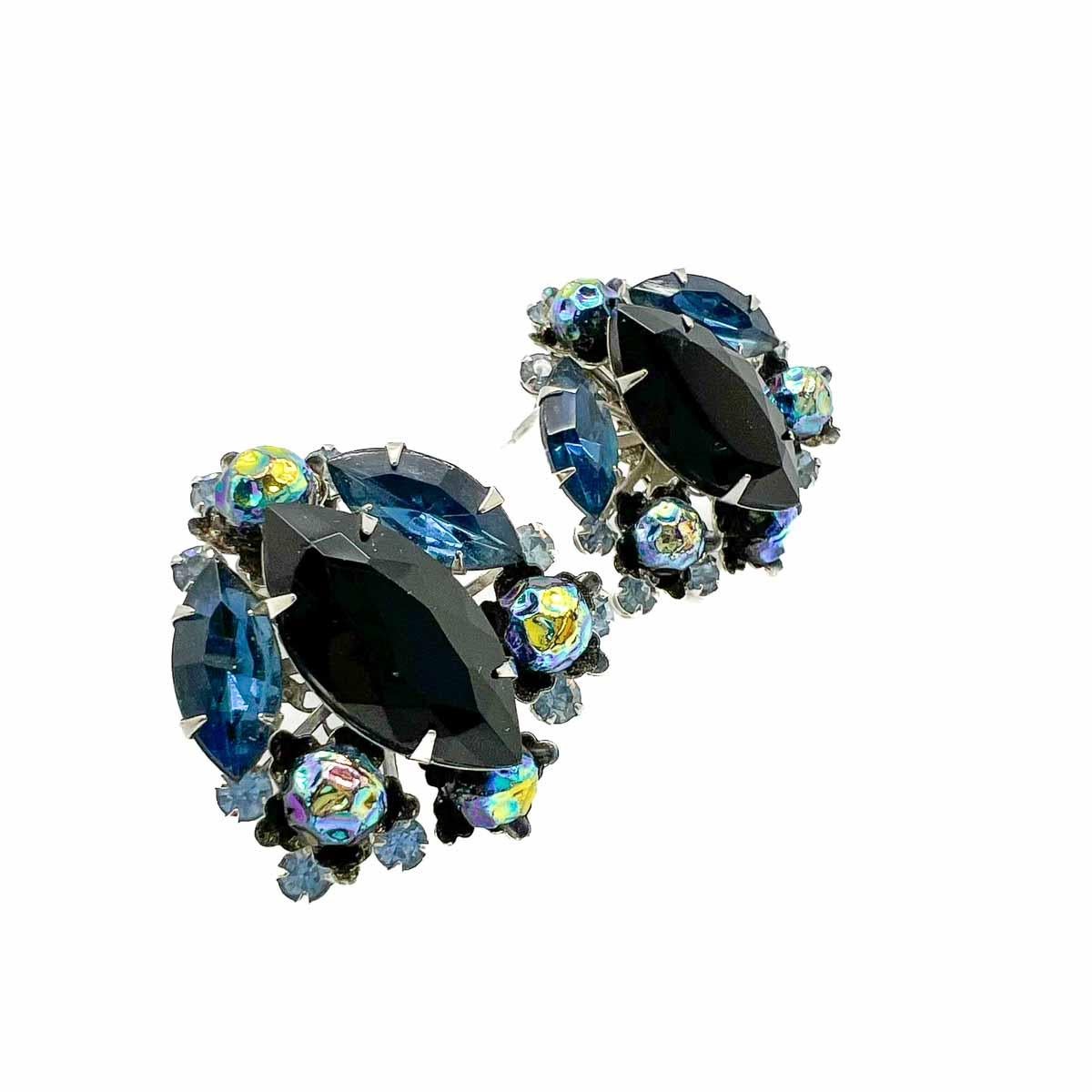 Vintage Judy Lea Black & Navy Navette Earrings 1950s In Good Condition For Sale In Wilmslow, GB