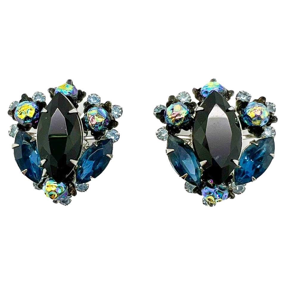 Vintage Judy Lea Black & Navy Navette Earrings 1950s For Sale