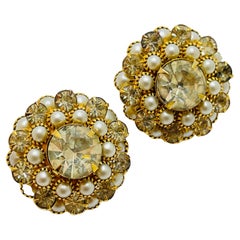 Vintage JUDY LEE gold pearl rhinestone clip on earrings