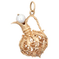 Vintage Jug Pendant 14 Karat Gold Cultured Pearl Genie in Bottle Charm Jewelry