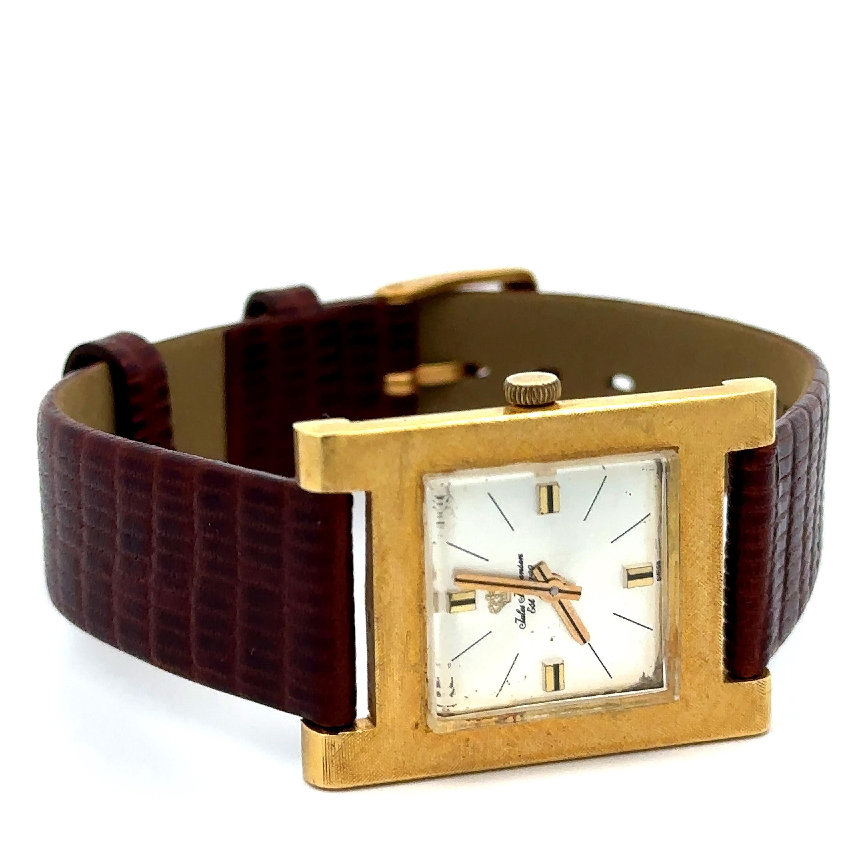 Vintage Jules Jurgensen Florentine Finish 18k Gold 24mm Rectangular Swiss Watch For Sale 6