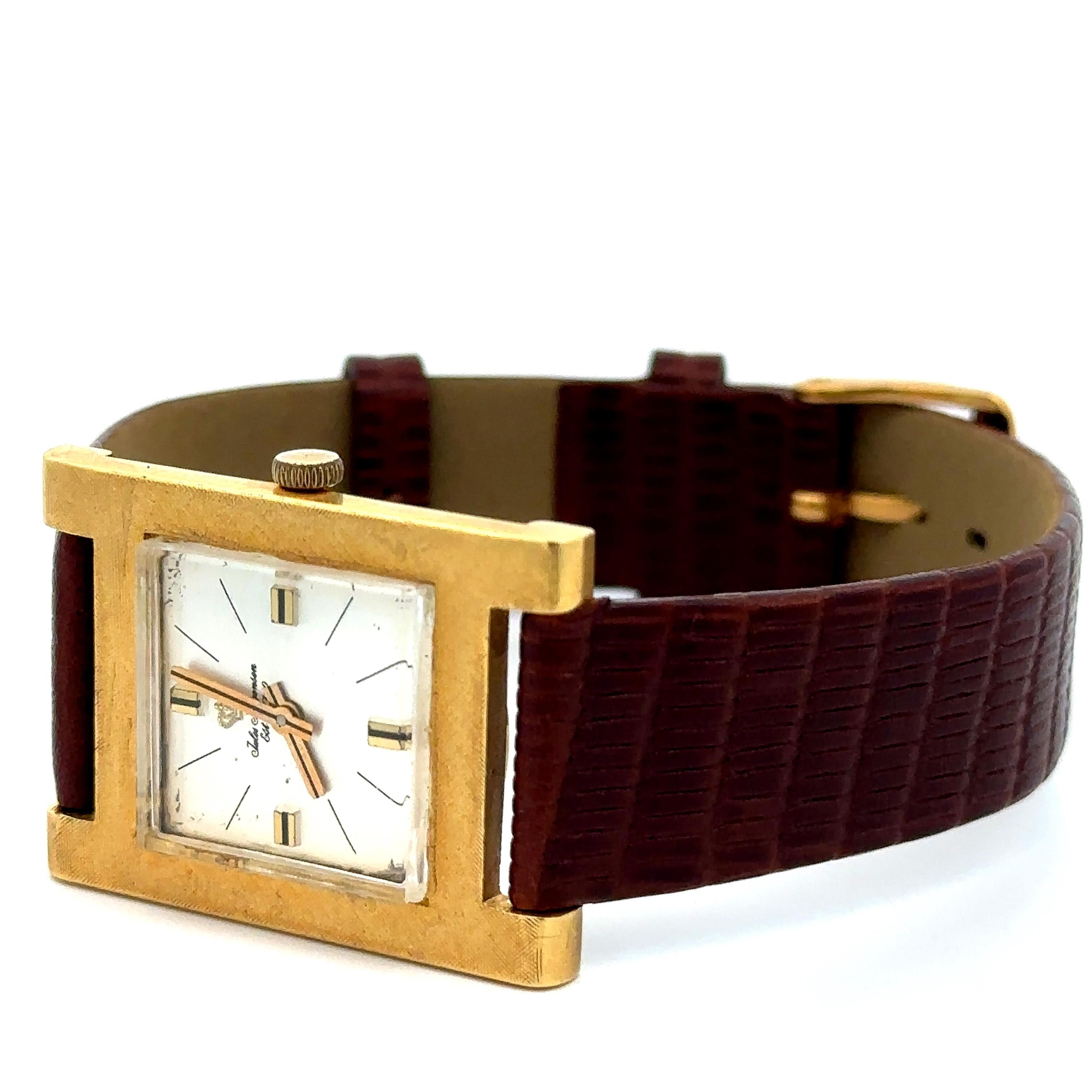 Vintage Jules Jurgensen Florentine Finish 18k Gold 24mm Rectangular Swiss Watch For Sale 7