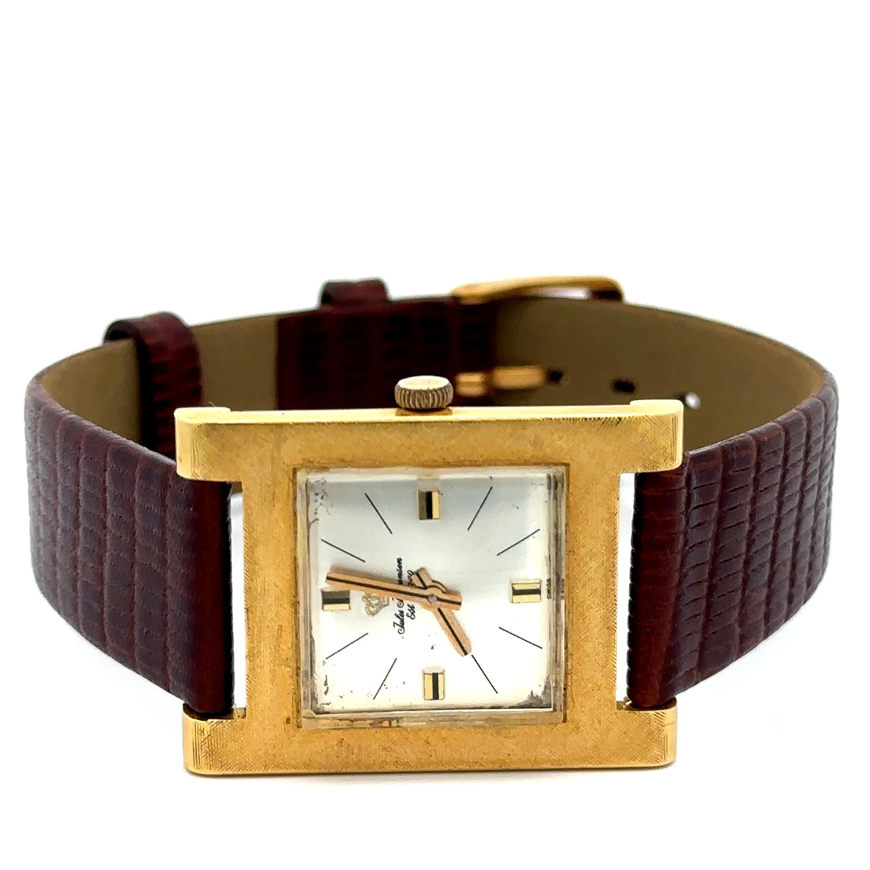 Vintage Jules Jurgensen Florentine Finish 18k Gold 24mm Rectangular Swiss Watch For Sale 8