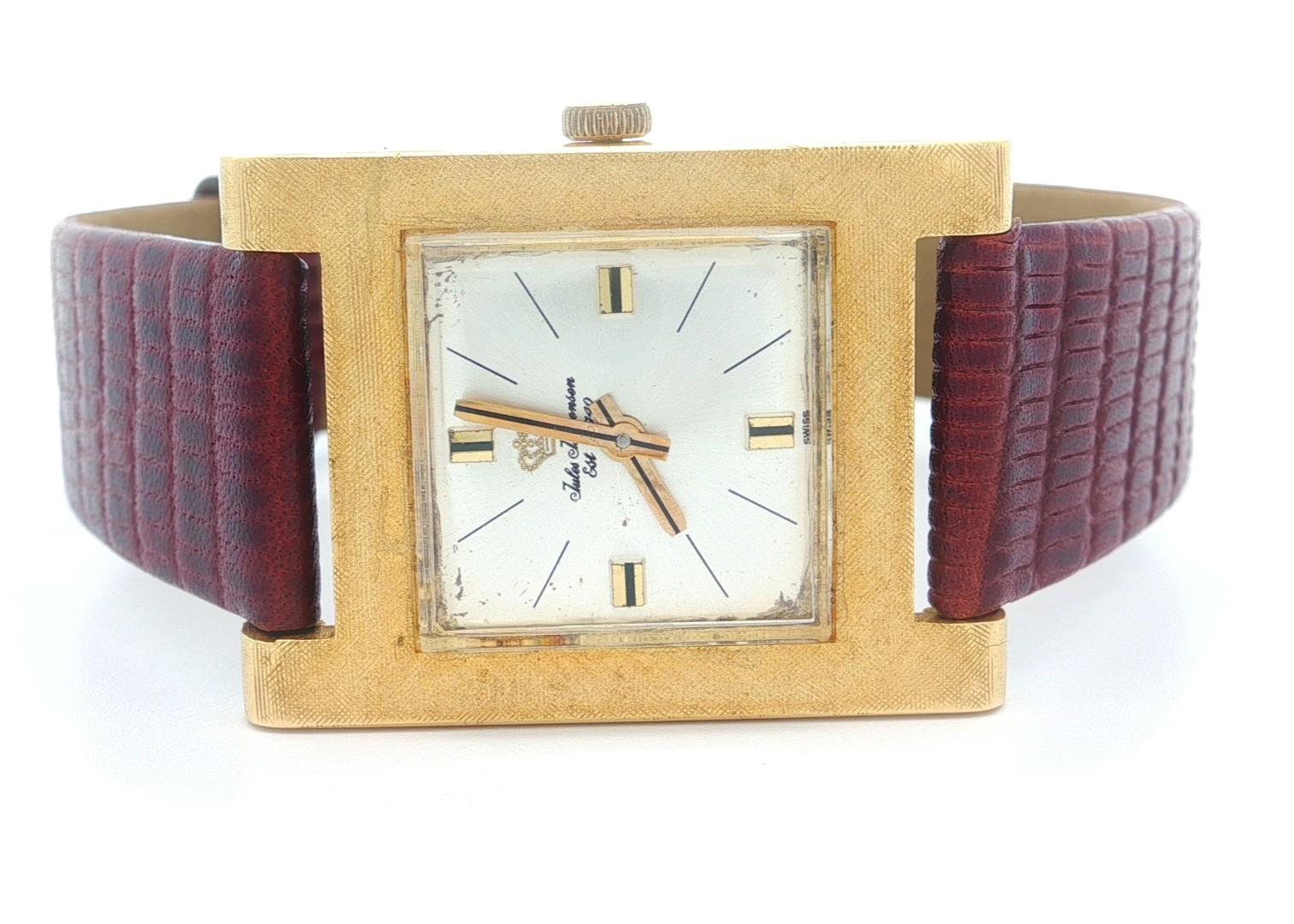 Vintage Jules Jurgensen Florentine Finish 18k Gold 24mm Rectangular Swiss Watch For Sale 3