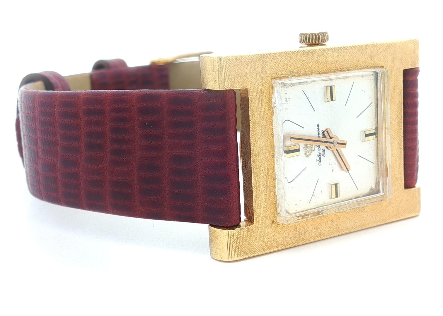 Vintage Jules Jurgensen Florentine Finish 18k Gold 24mm Rectangular Swiss Watch For Sale 4