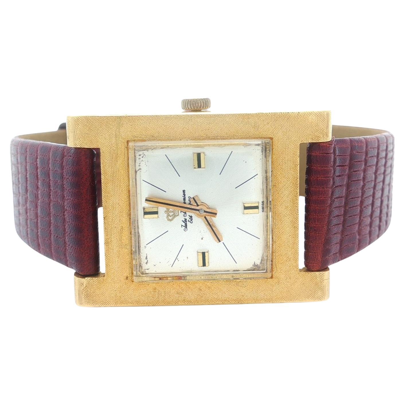 Vintage Jules Jurgensen Florentine Finish 18k Gold 24mm Rectangular Swiss Watch For Sale