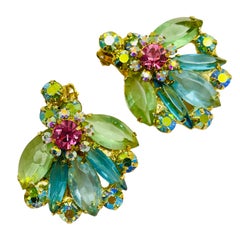 Vintage JULIANA DeLIZZA ELSTER gold navette glass designer clip on earrings