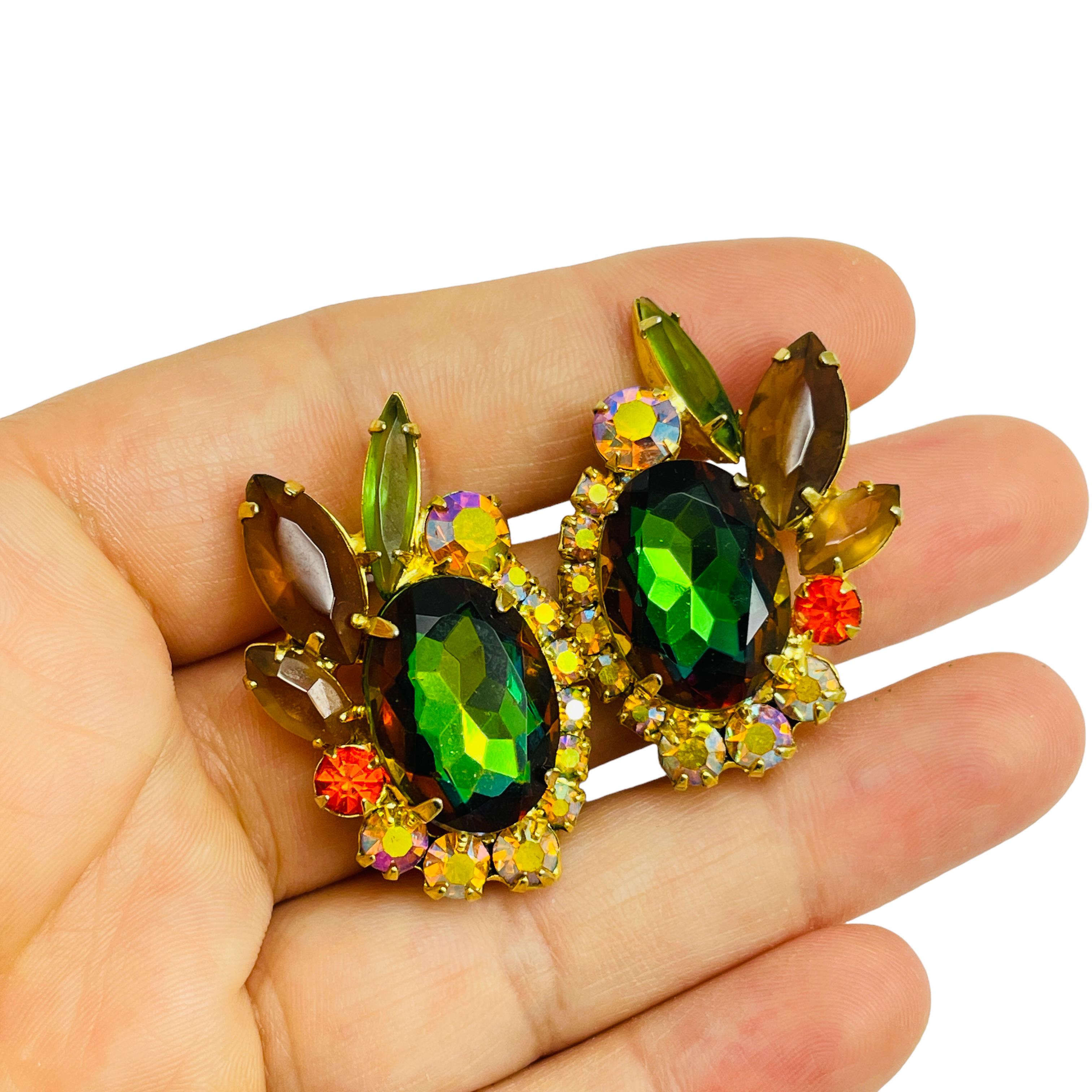 Vintage JULIANA DeLIZZA ELSTER gold navette glass designer clip on earrings In Good Condition For Sale In Palos Hills, IL