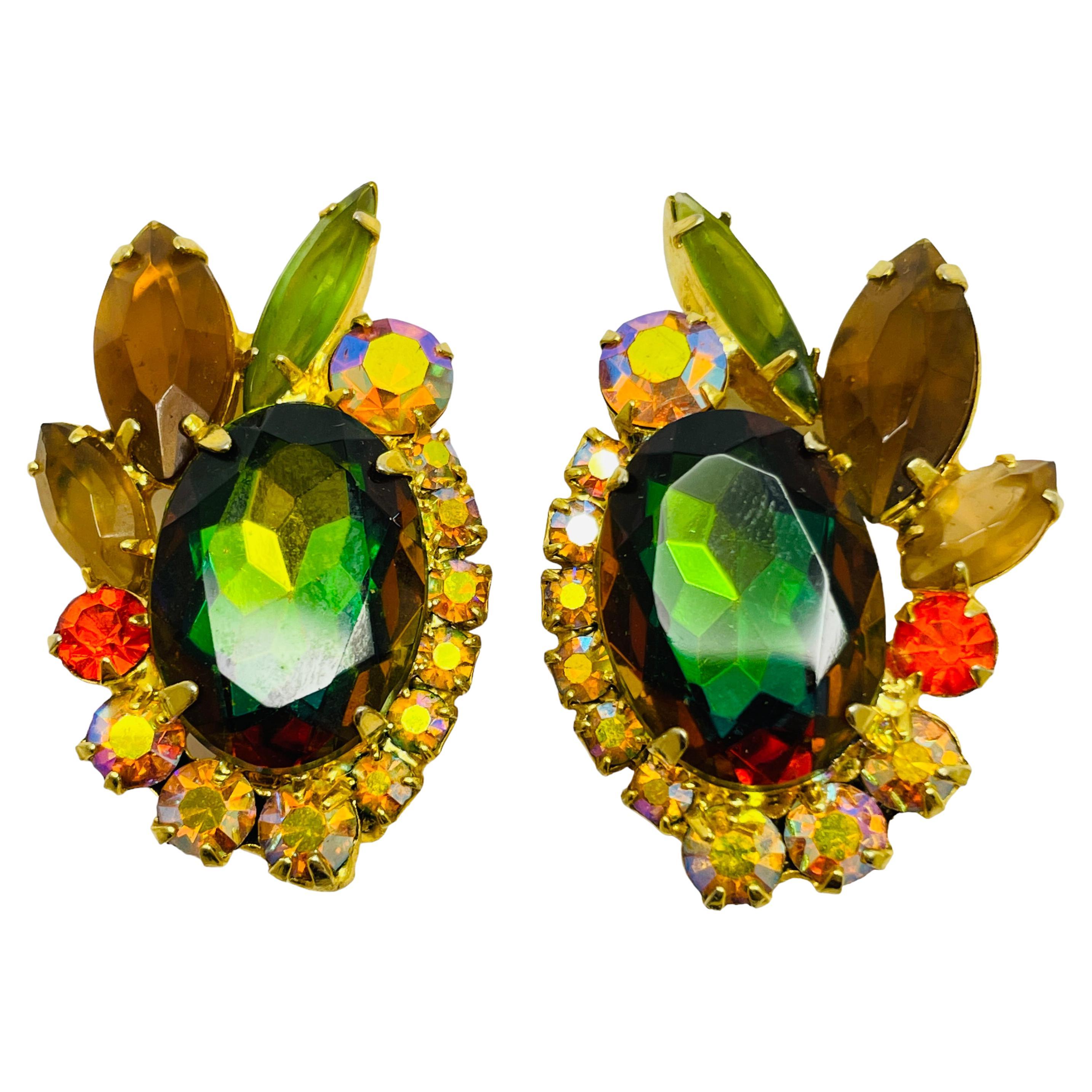 Vintage JULIANA DeLIZZA ELSTER gold navette glass designer clip on earrings For Sale