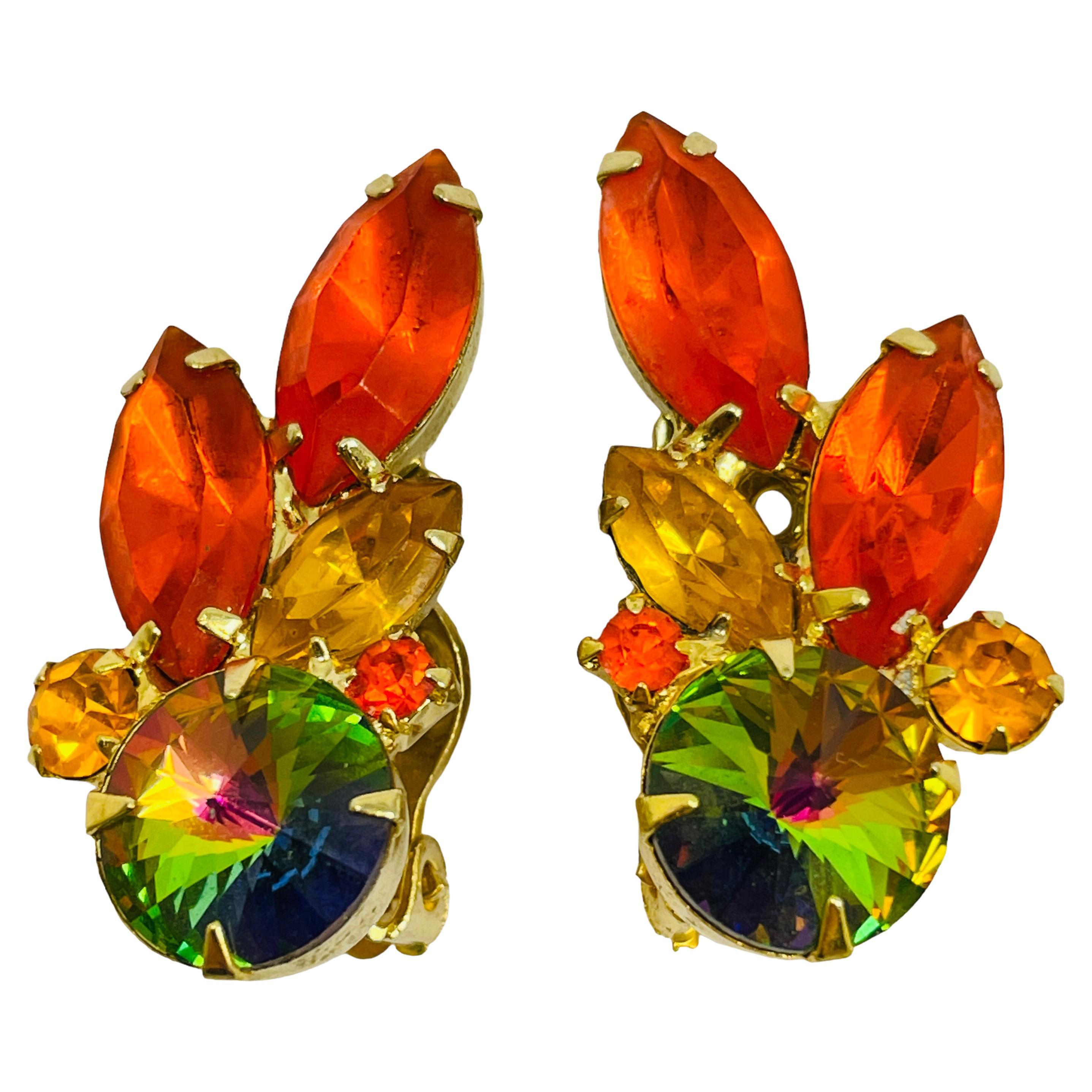 Vintage JULIANA DeLIZZA ELSTER gold navette glass designer clip on earrings For Sale