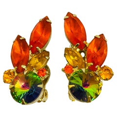 Vintage JULIANA DeLIZZA ELSTER gold navette glass designer clip on earrings