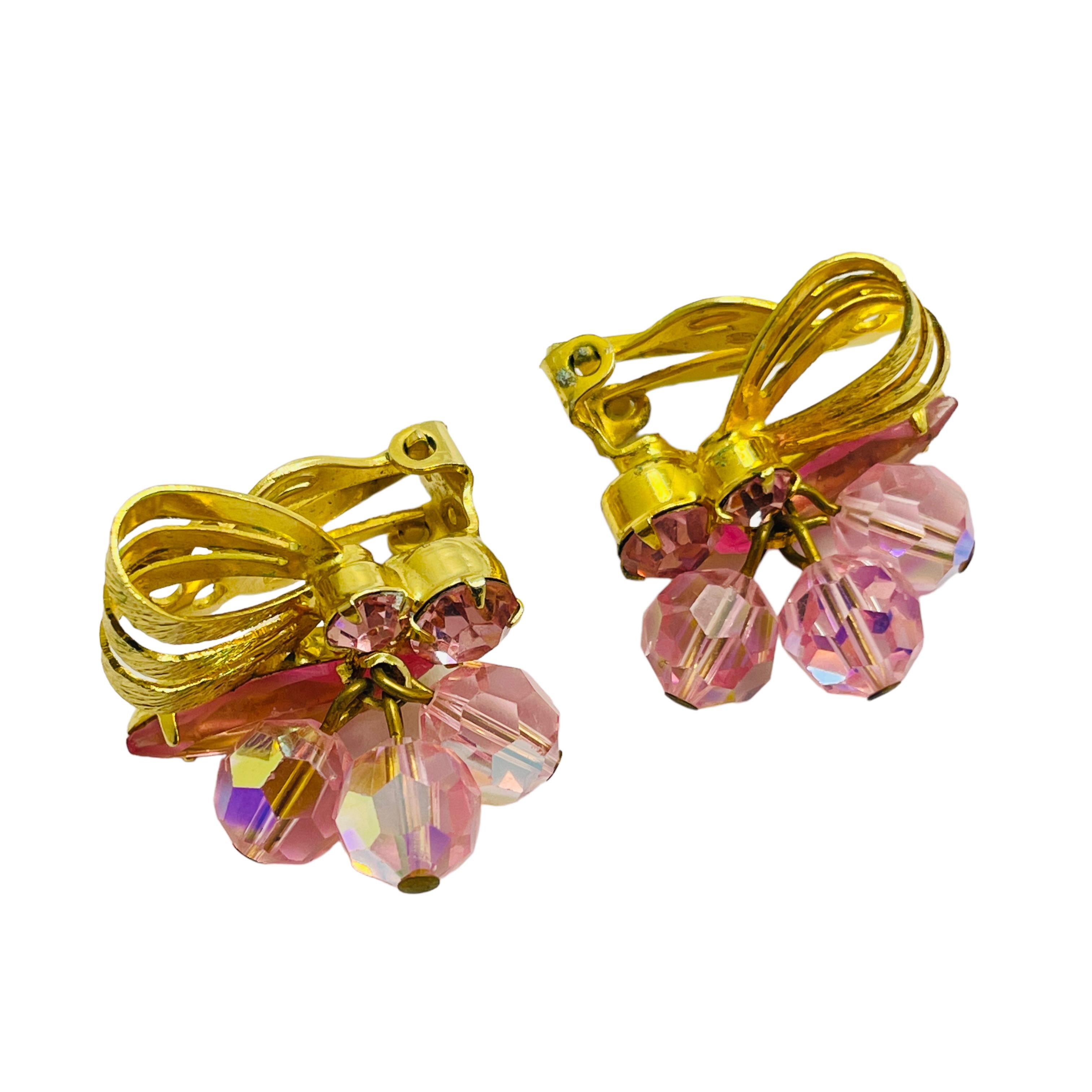 Vintage JULIANA DeLIZZA ELSTER gold pink crystal designer clip on earrings In Good Condition For Sale In Palos Hills, IL