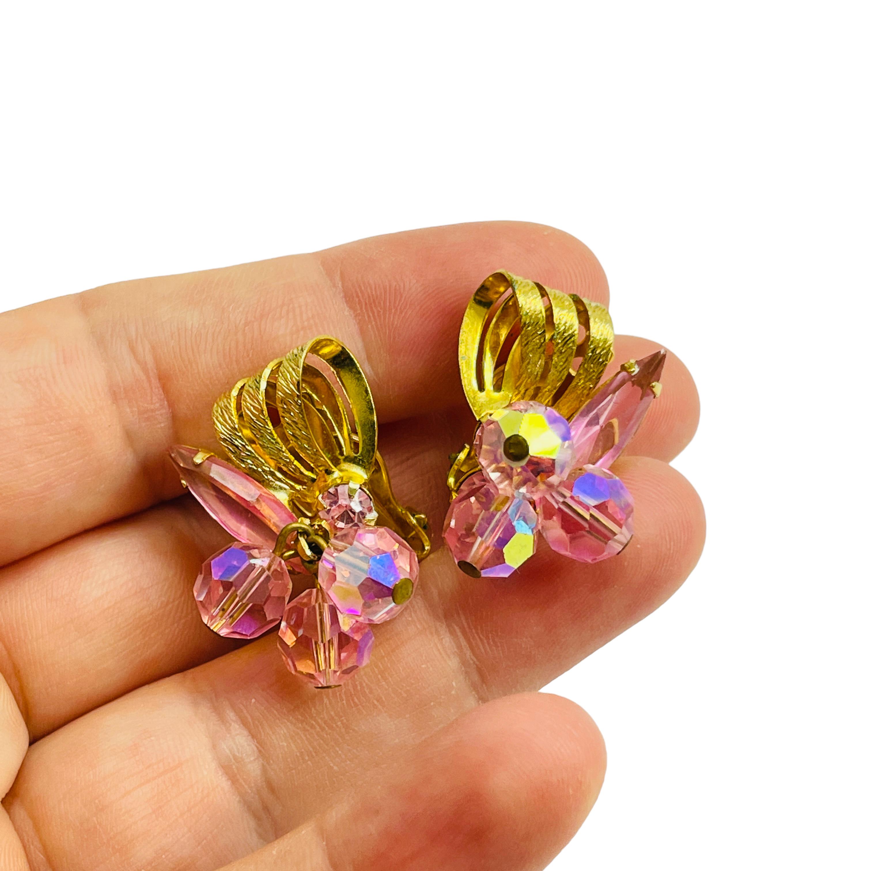 Vintage JULIANA DeLIZZA ELSTER gold pink crystal designer clip on earrings 1